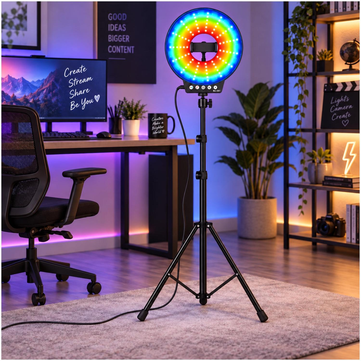 ARO LUZ LED RGB MJ-261 DE 26CM MODO MÚSICA STREAMING CON TRÍPODE DE 2M - 2