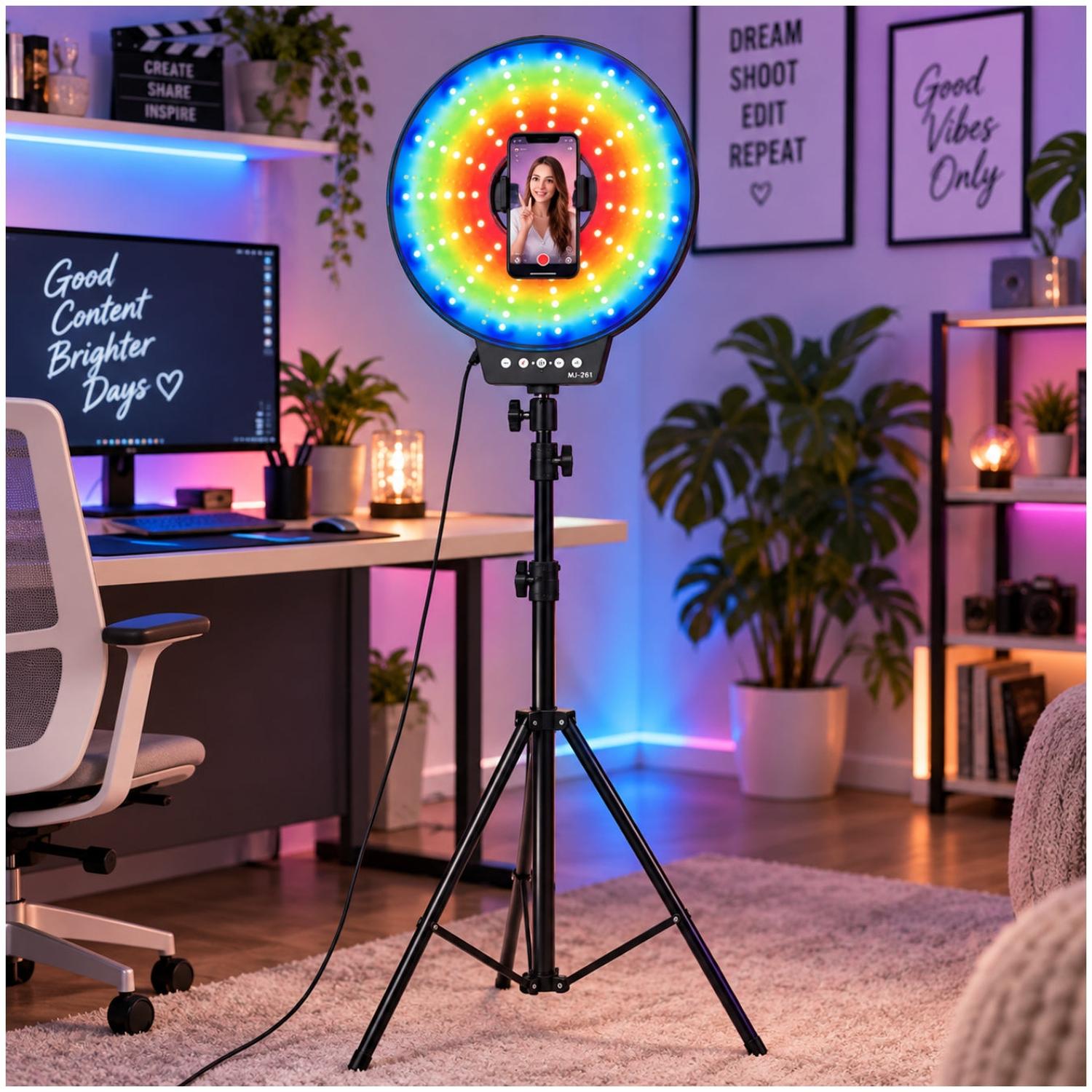 ARO LUZ LED RGB MJ-261 DE 26CM MODO MÚSICA STREAMING CON TRÍPODE DE 2M - 3