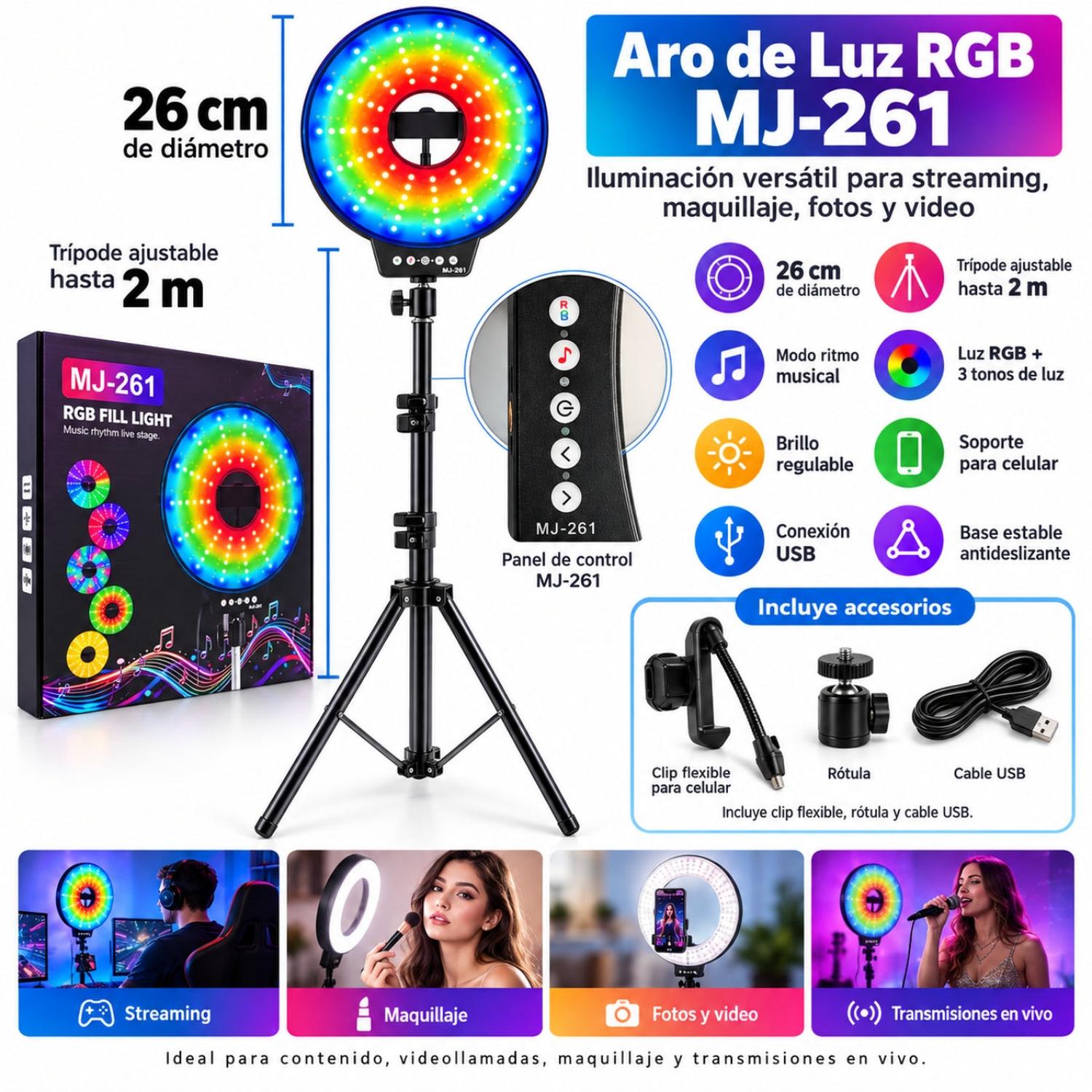 ARO LUZ LED RGB MJ-261 DE 26CM MODO MÚSICA STREAMING CON TRÍPODE DE 2M - 4