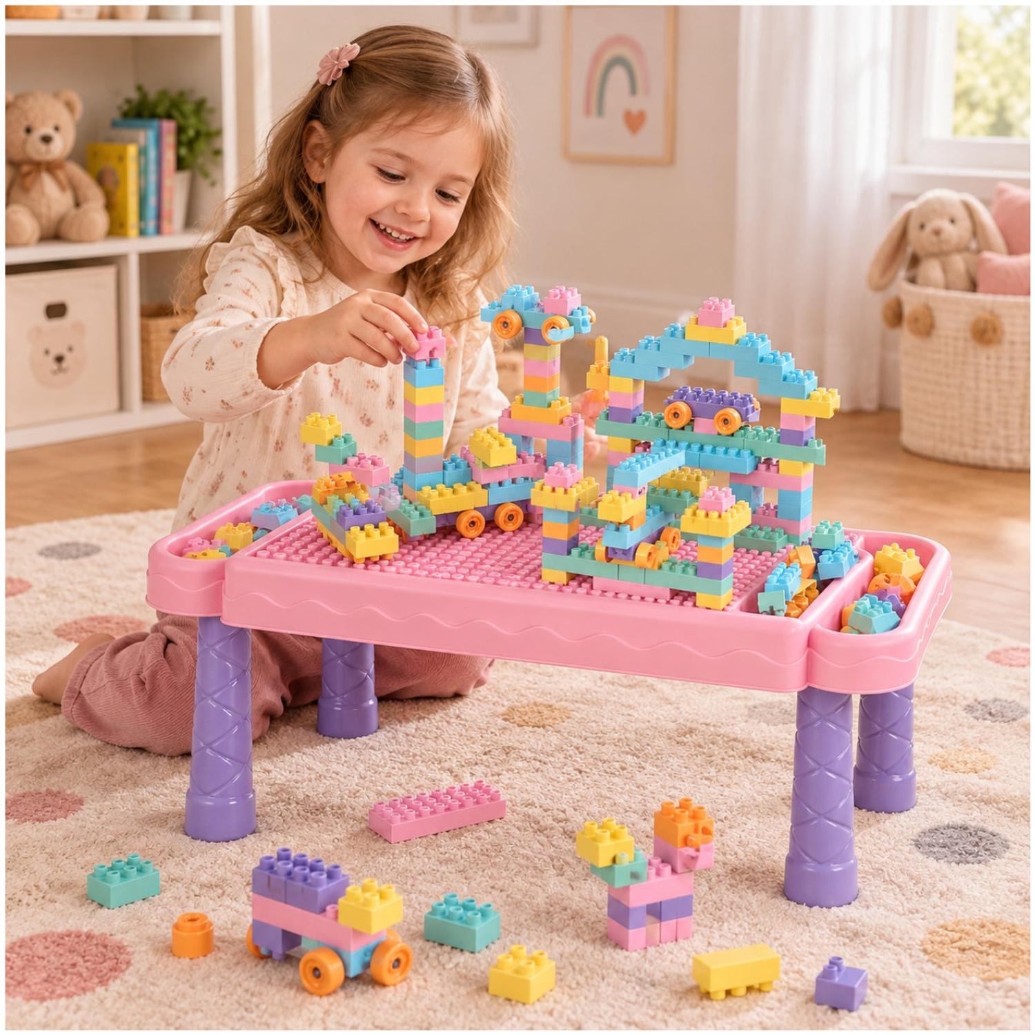 MESA DIDÁCTICA INFANTIL BLOQUES DE CONSTRUCCIÓN 88 PIEZAS ROSADO - 1
