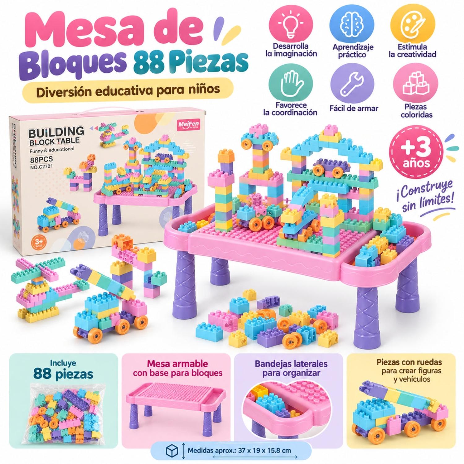 MESA DIDÁCTICA INFANTIL BLOQUES DE CONSTRUCCIÓN 88 PIEZAS ROSADO - 2