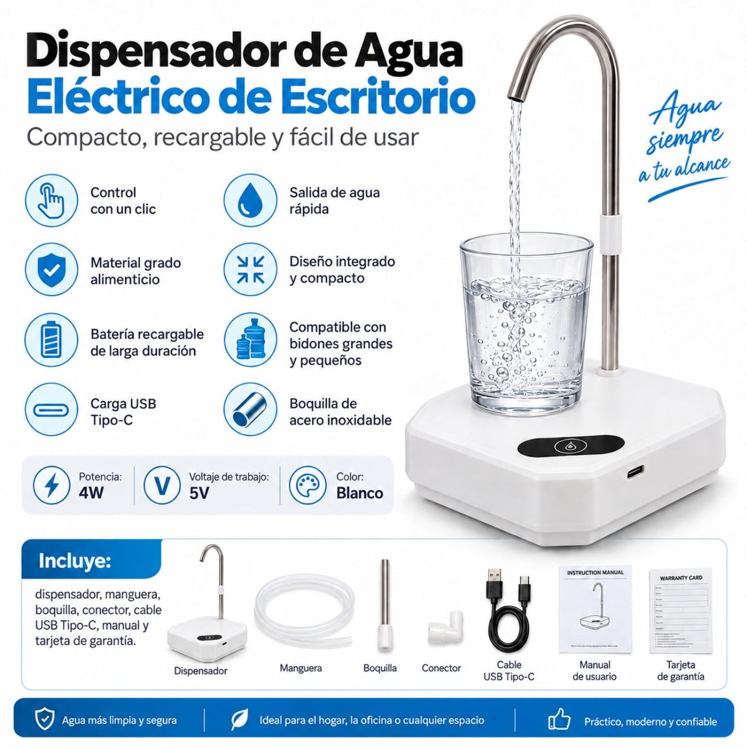 DISPENSADOR DE AGUA ELÉCTRICO RECARGABLE USB TIPO-C CON BASE Y CAÑO DE ACERO - 2