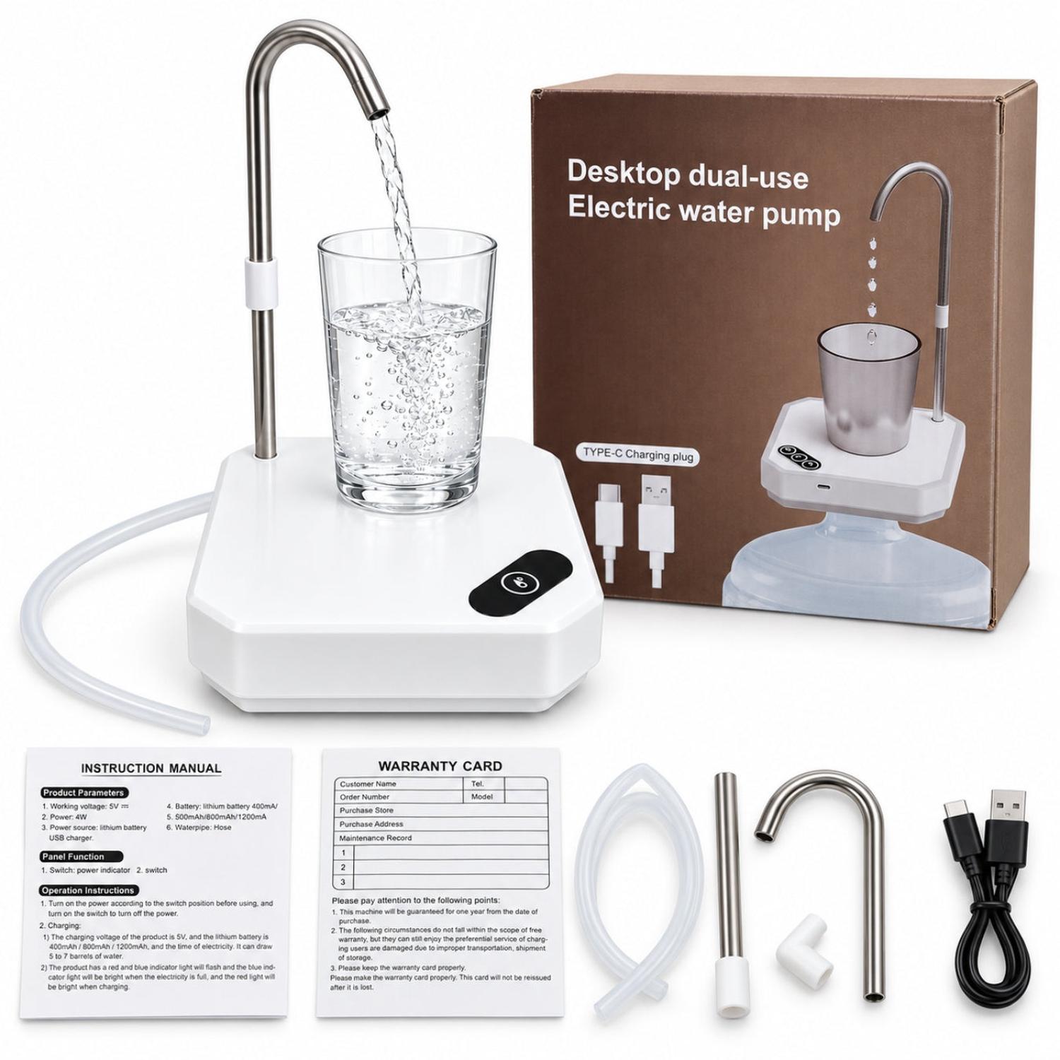 DISPENSADOR DE AGUA ELÉCTRICO RECARGABLE USB TIPO-C CON BASE Y CAÑO DE ACERO - 4