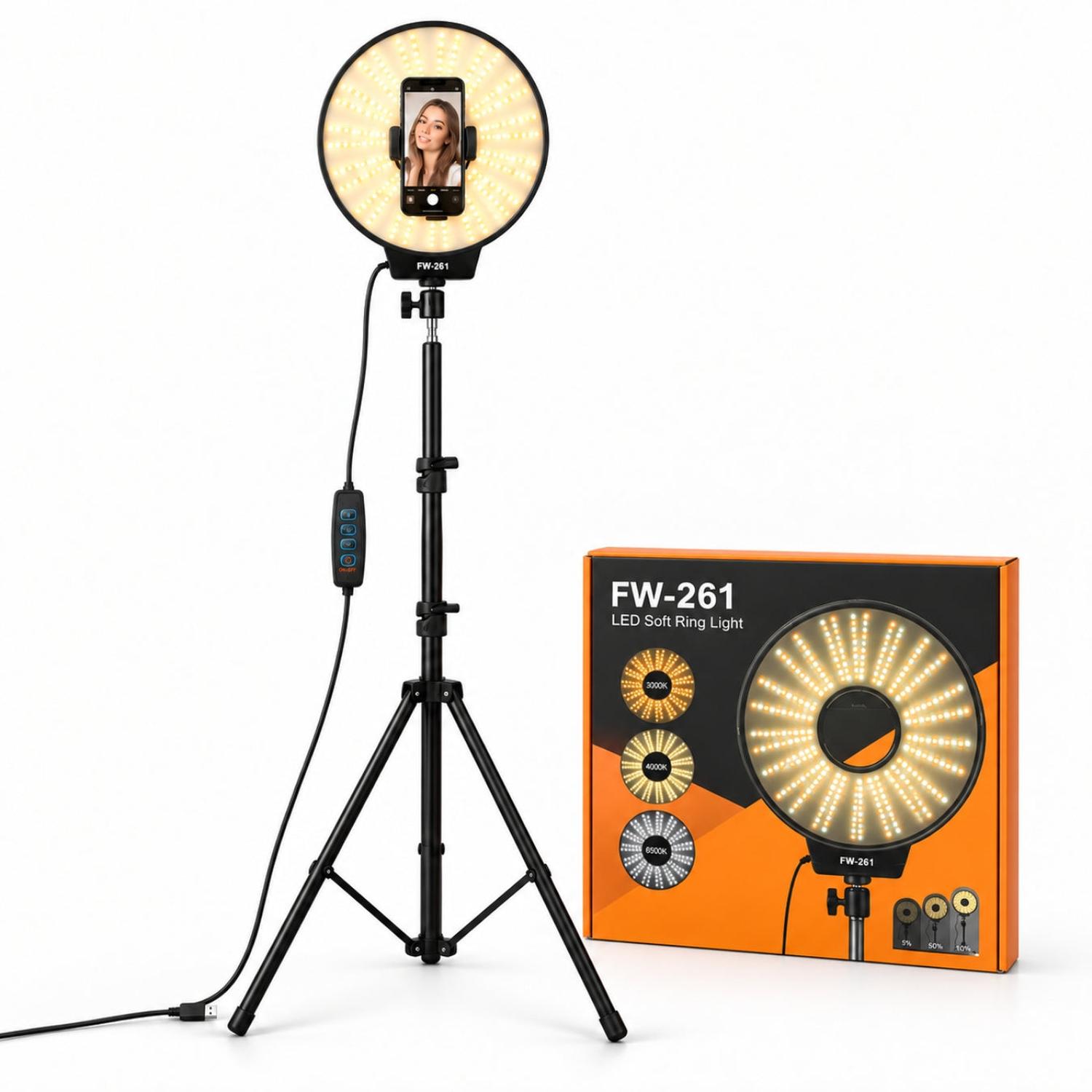 ARO DE LUZ LED 3 TONOS FW-261 26 CM CON SOPORTE CELULAR Y TRÍPODE DE 2 M - 1