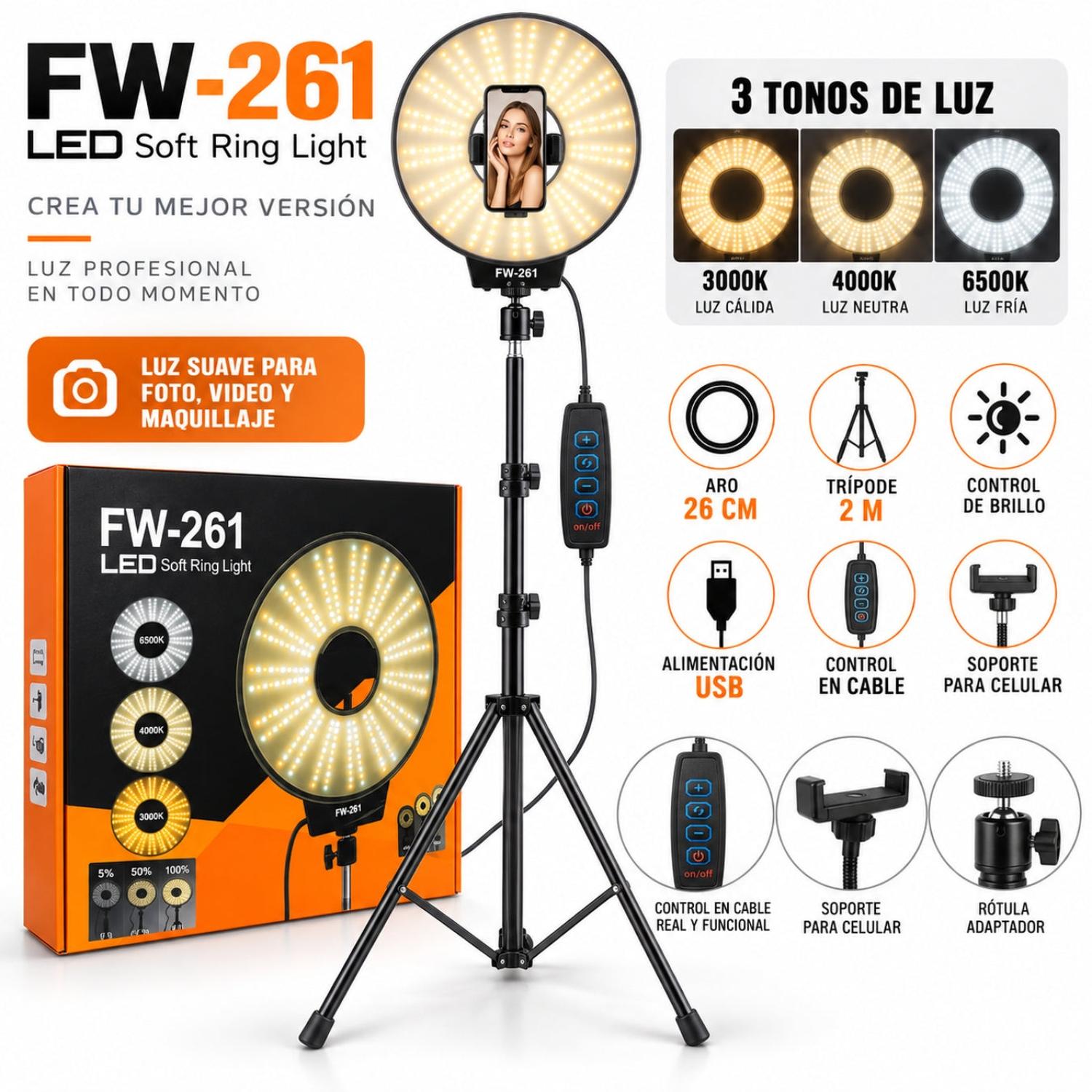 ARO DE LUZ LED 3 TONOS FW-261 26 CM CON SOPORTE CELULAR Y TRÍPODE DE 2 M - 2