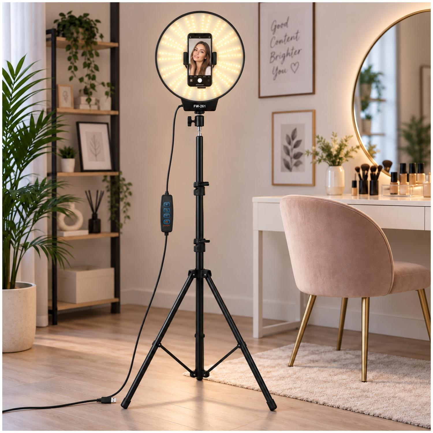 ARO DE LUZ LED 3 TONOS FW-261 26 CM CON SOPORTE CELULAR Y TRÍPODE DE 2 M - 3