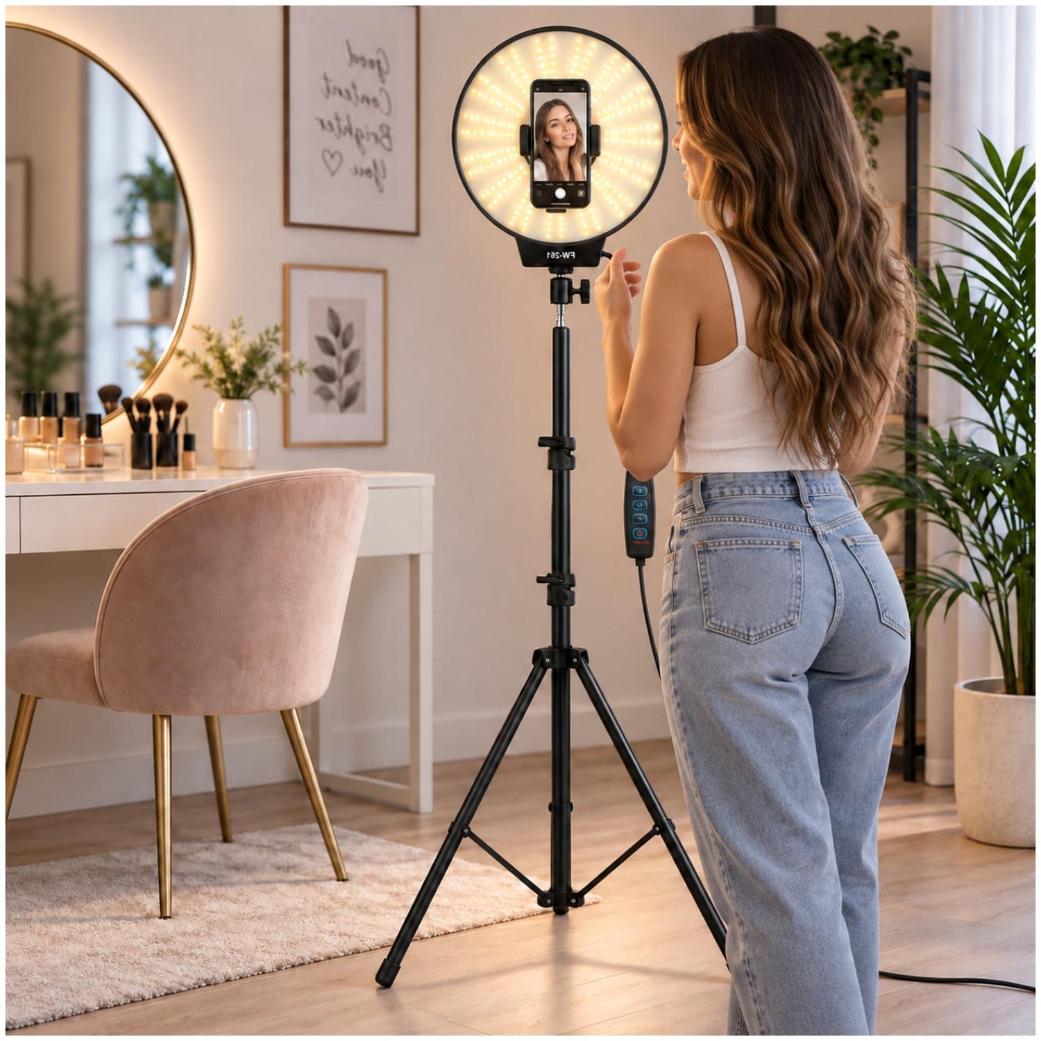 ARO DE LUZ LED 3 TONOS FW-261 26 CM CON SOPORTE CELULAR Y TRÍPODE DE 2 M - 4