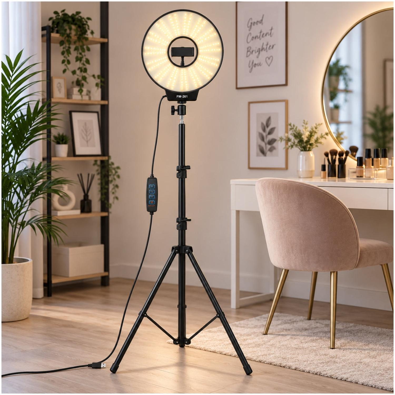 ARO DE LUZ LED 3 TONOS FW-261 26 CM CON SOPORTE CELULAR Y TRÍPODE DE 2 M - 5