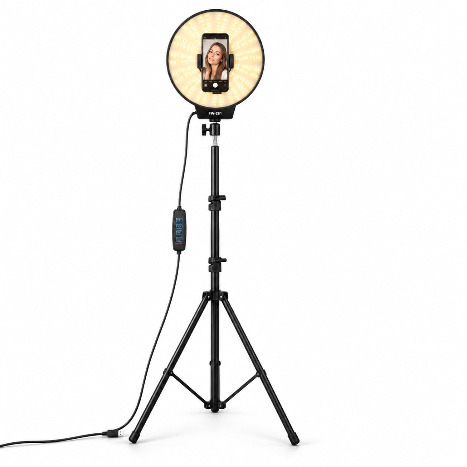 ARO DE LUZ LED 3 TONOS FW-261 26 CM CON SOPORTE CELULAR Y TRÍPODE DE 2 M - 6