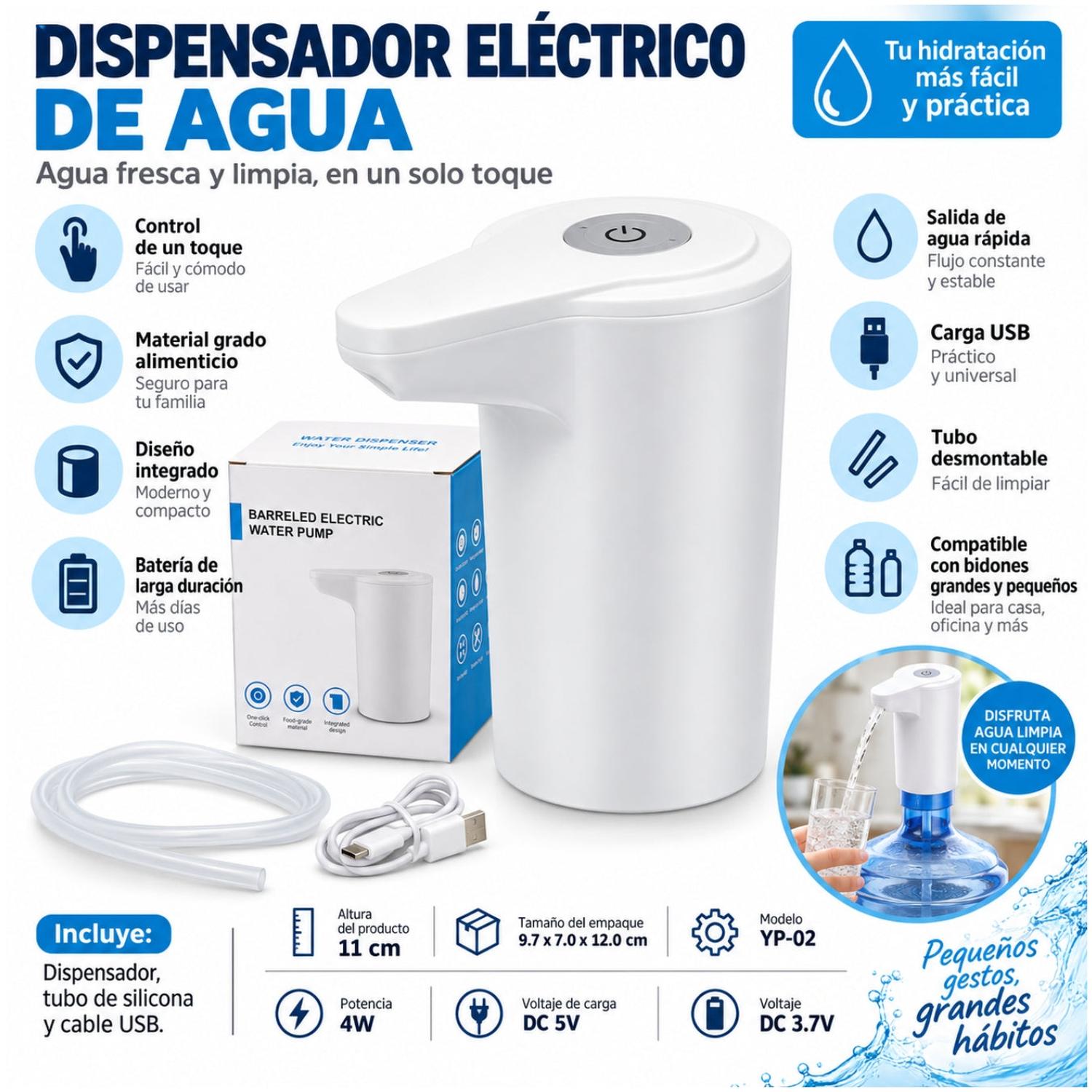 DISPENSADOR ELÉCTRICO DE AGUA RECARGABLE USB YP-02 PARA BIDÓN CON BOTÓN ONE TOUCH - 4