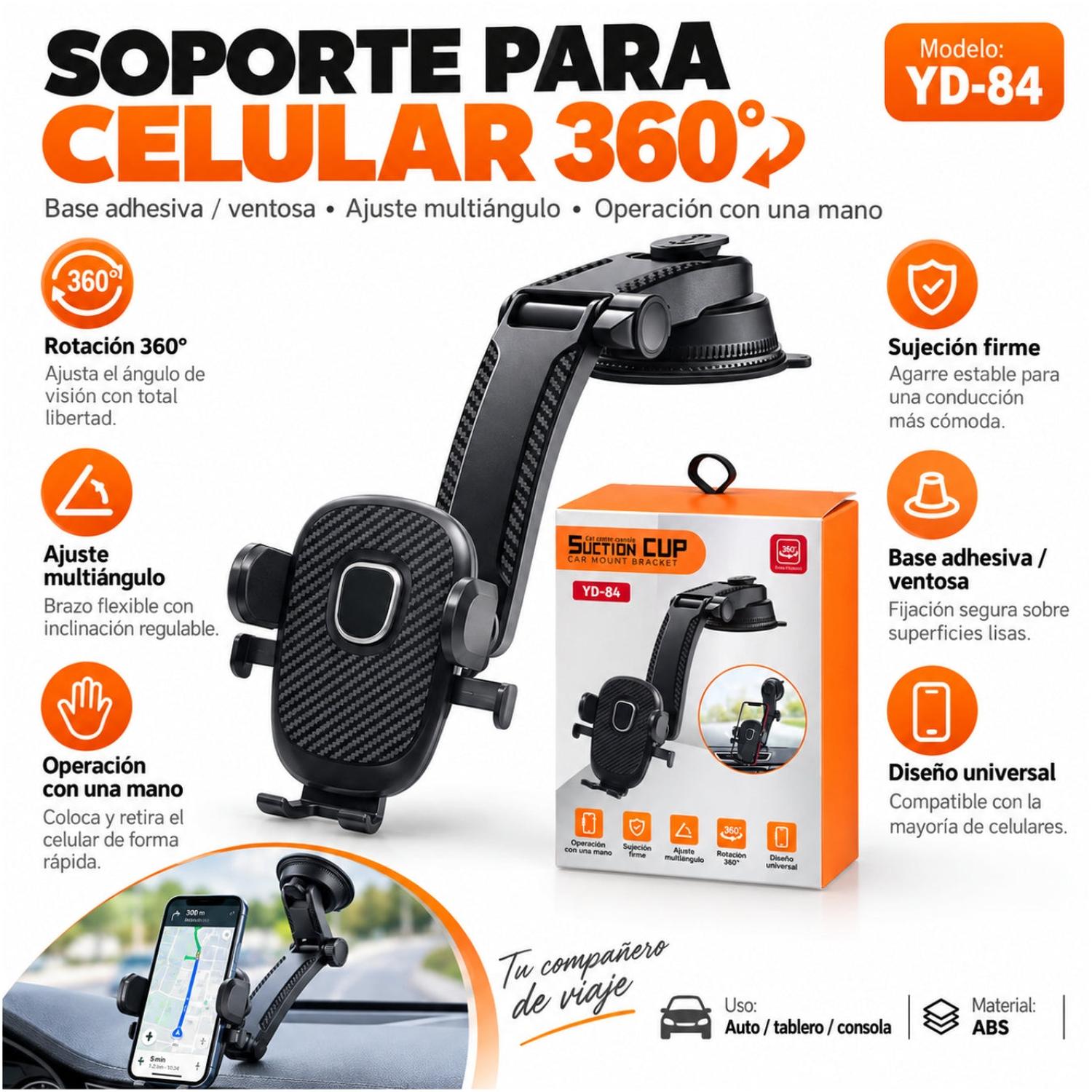 SOPORTE PARA CELULAR DE AUTO 360° CON VENTOSA Y BRAZO AJUSTABLE YD-84 - 2