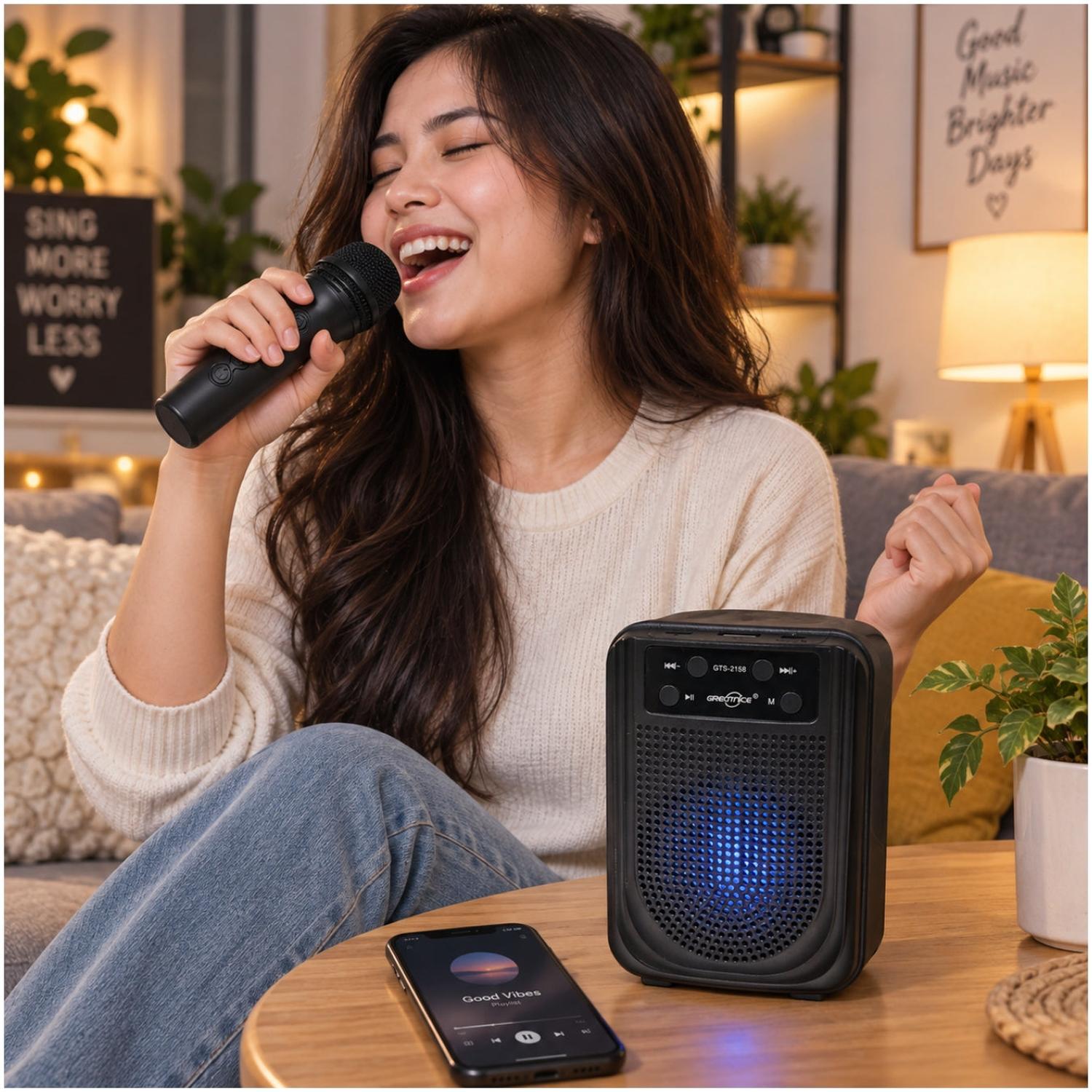 PARLANTE INALÁMBRICO PORTÁTIL GTS-2158 DE 3” CON MICRÓFONO KARAOKE USB TF Y FM - 2