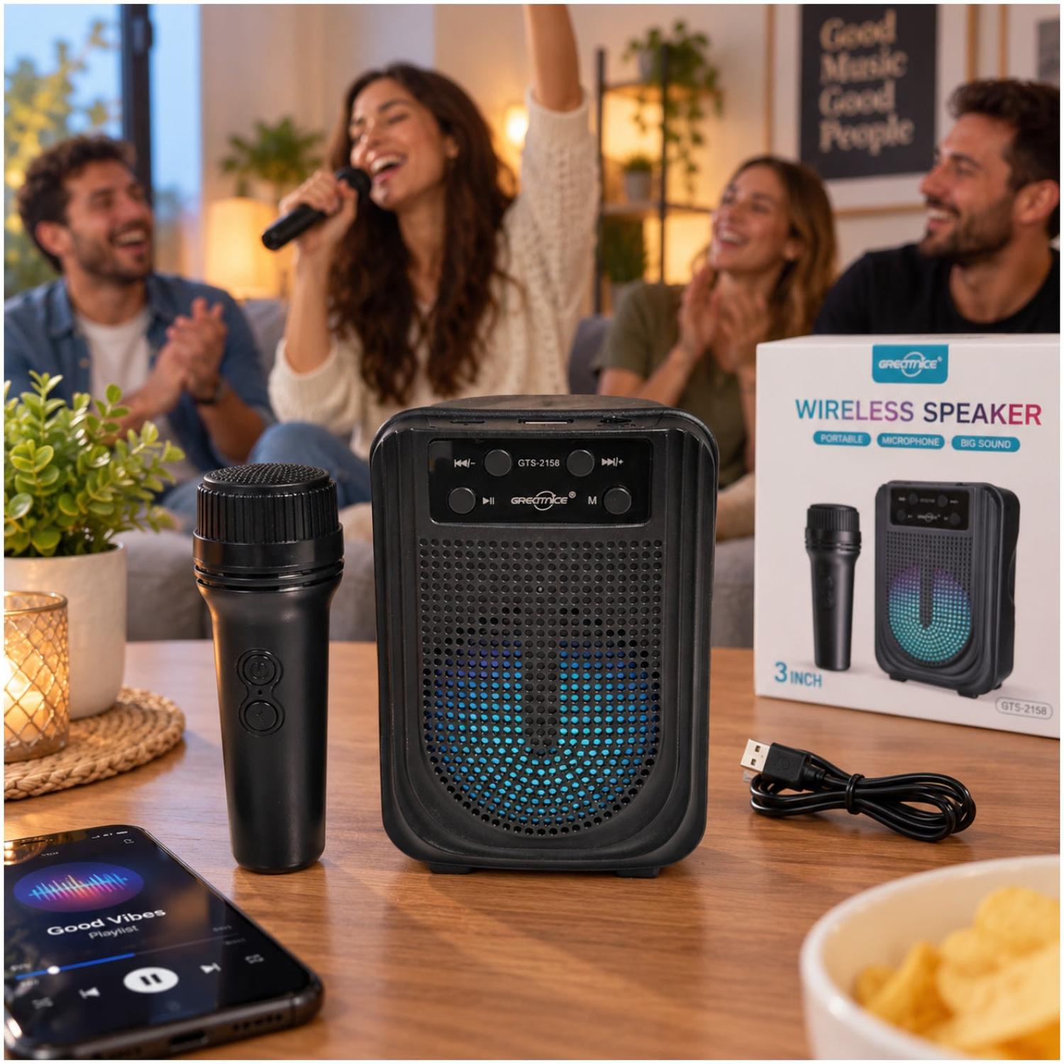 PARLANTE INALÁMBRICO PORTÁTIL GTS-2158 DE 3” CON MICRÓFONO KARAOKE USB TF Y FM - 3