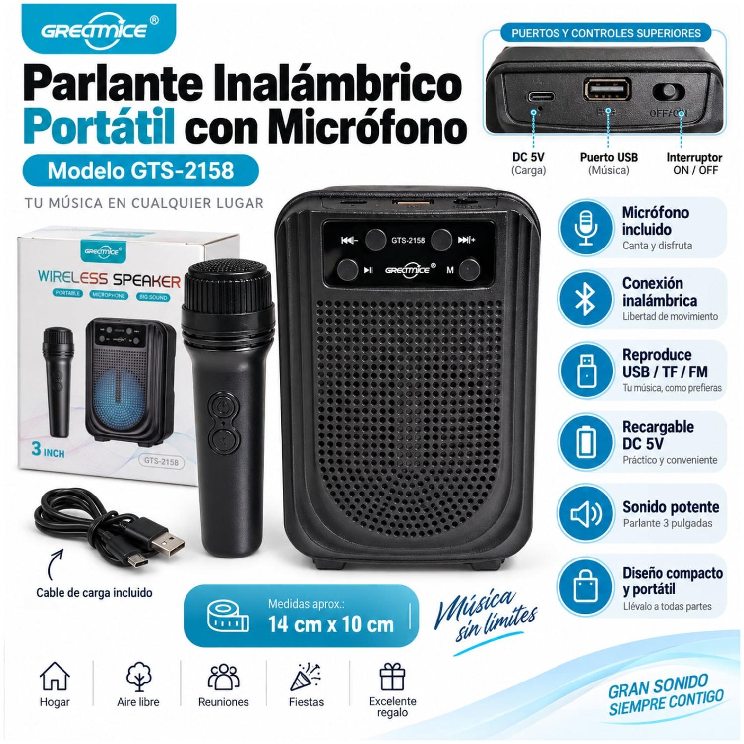 PARLANTE INALÁMBRICO PORTÁTIL GTS-2158 DE 3” CON MICRÓFONO KARAOKE USB TF Y FM - 4