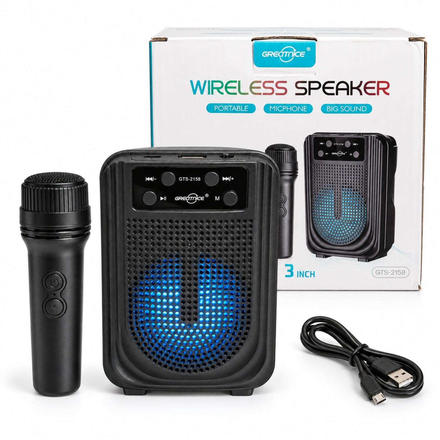 PARLANTE INALÁMBRICO PORTÁTIL GTS-2158 DE 3” CON MICRÓFONO KARAOKE USB TF Y FM - 5