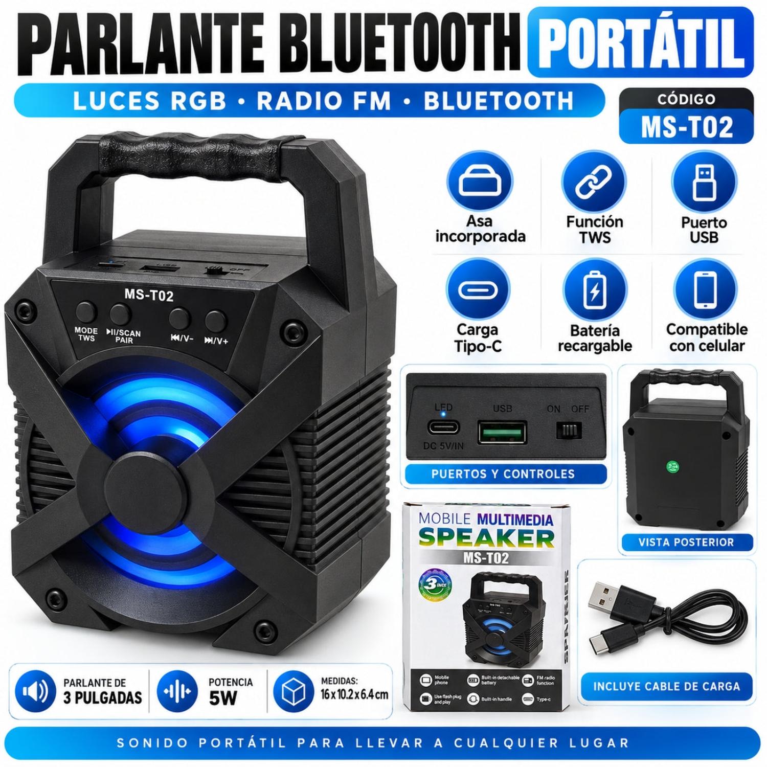 PARLANTE BLUETOOTH PORTÁTIL MS-T02 5W CON LUCES RGB RADIO FM USB Y TWS - 4