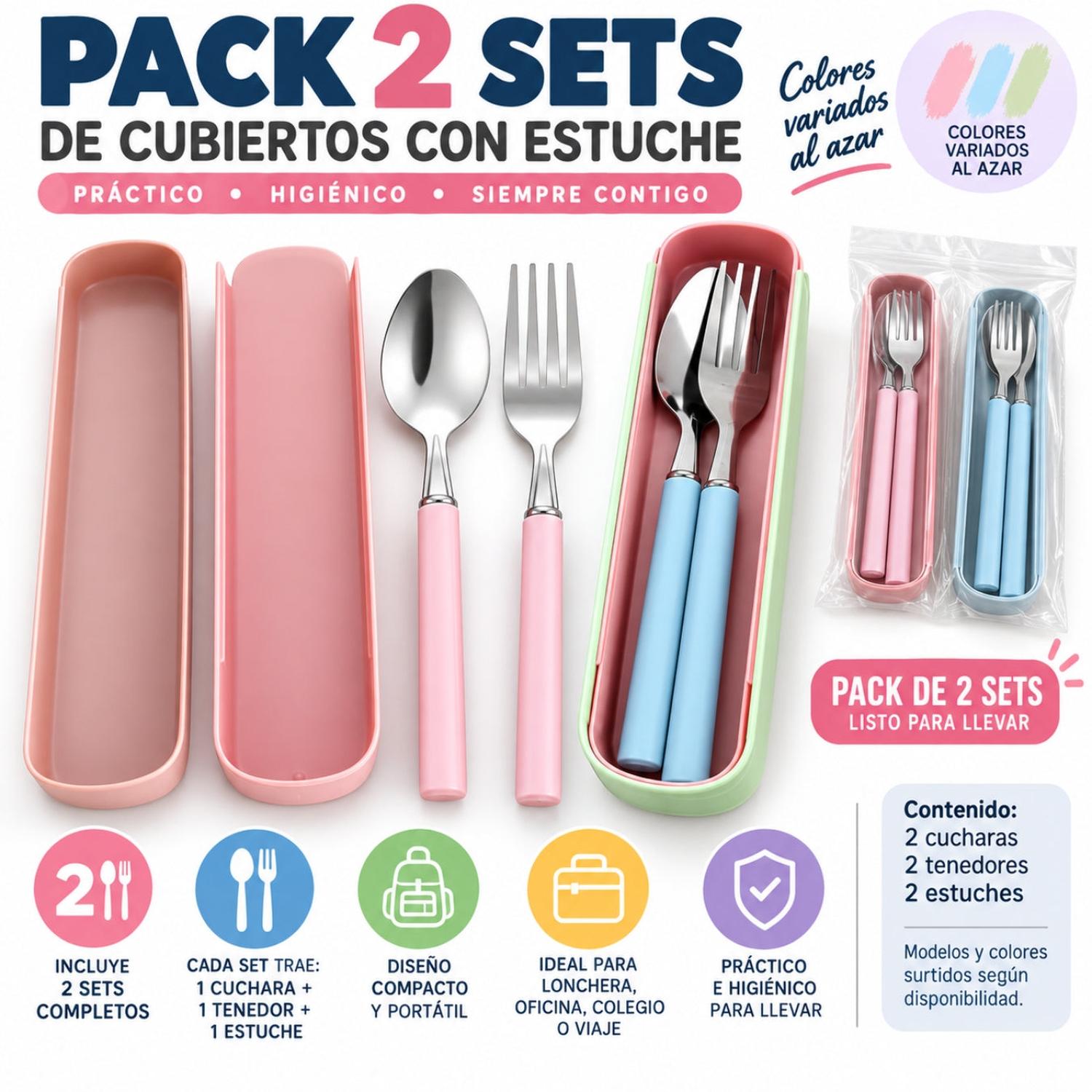 PACK X2 SET DE CUBIERTOS INFANTILES CON ESTUCHE COLORES SURTIDOS - 2