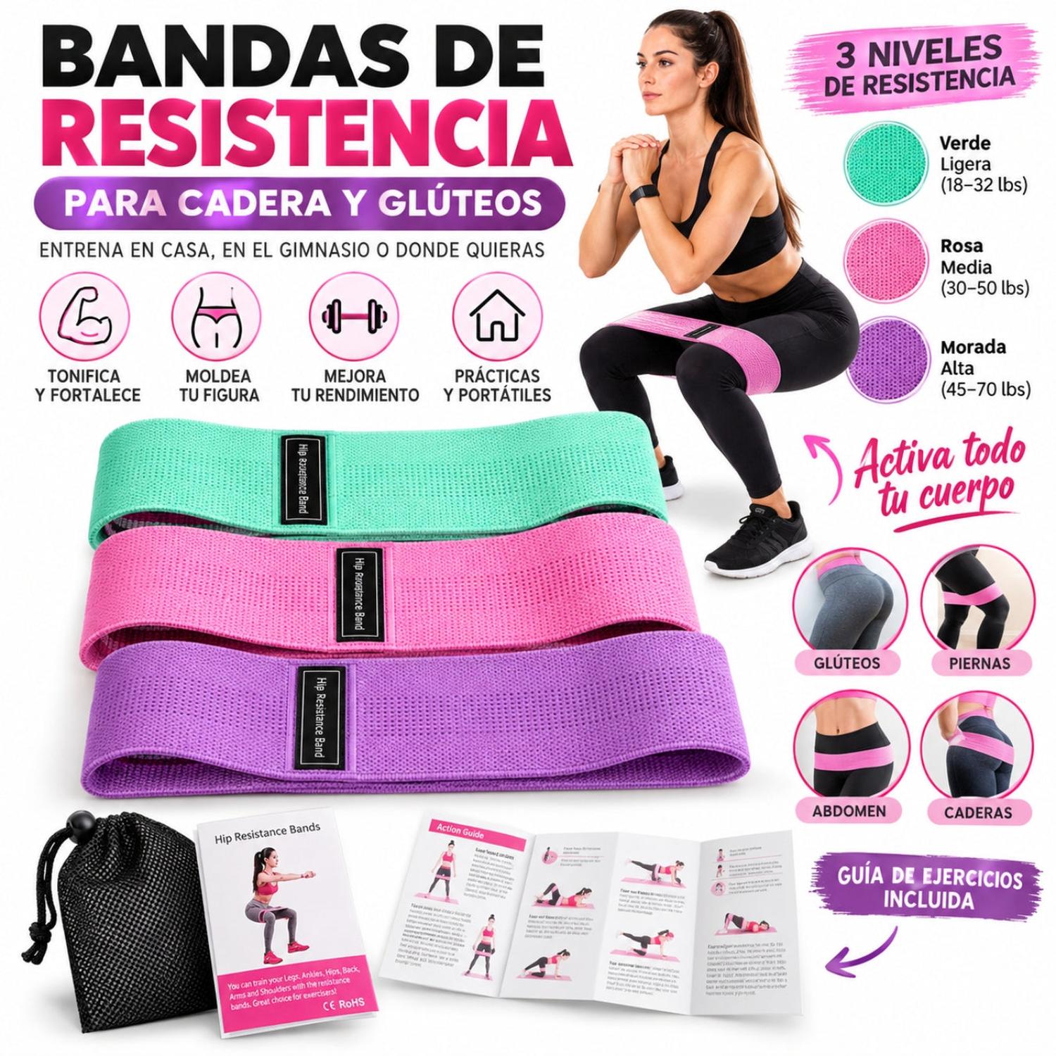 PACK 3 BANDAS DE RESISTENCIA PARA GLÚTEOS Y PIERNAS YOGA PILATES CON 3 NIVELES - 3