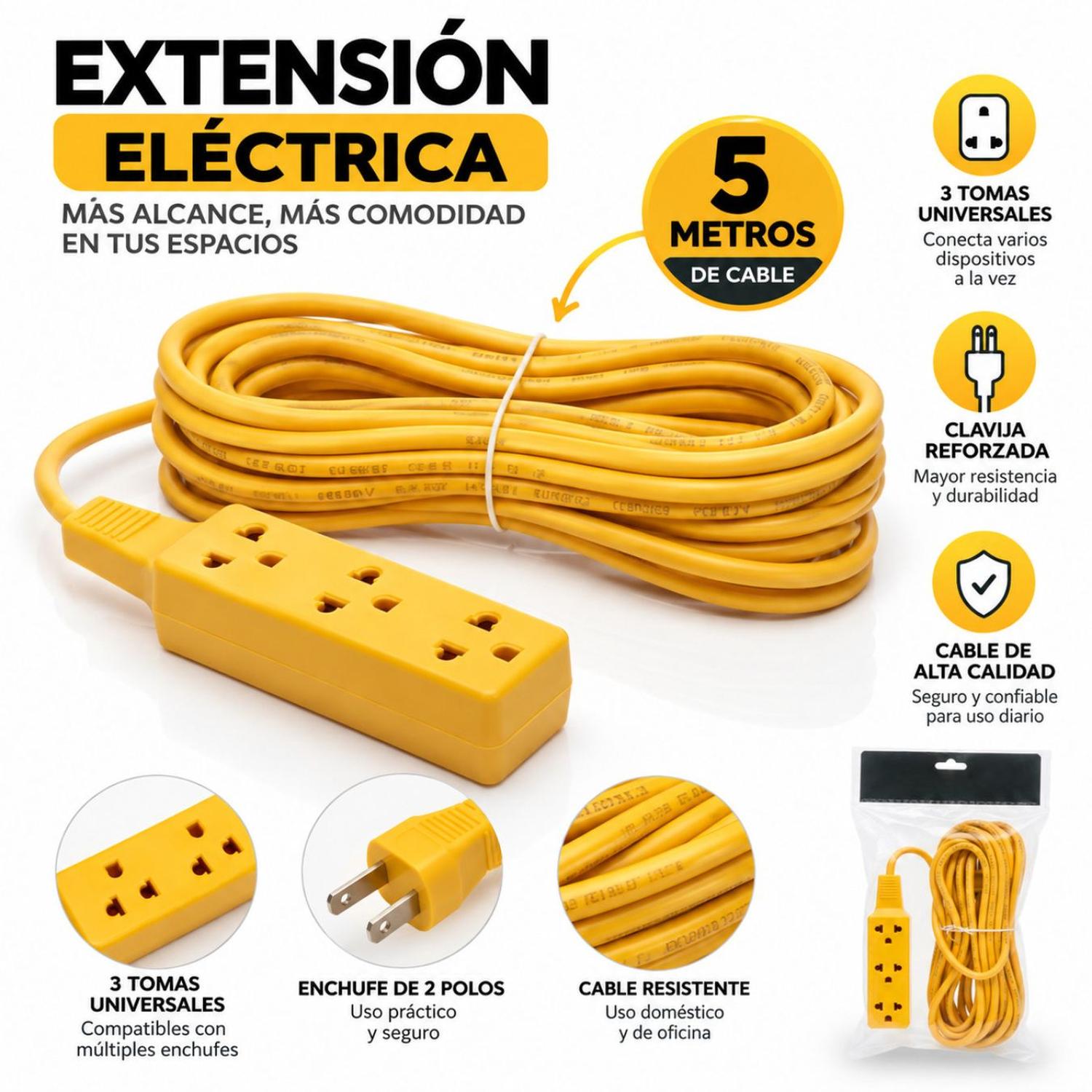EXTENSIÓN ELÉCTRICA DE 5 METROS 3 TOMACORRIENTES 10-16 AMP - 2