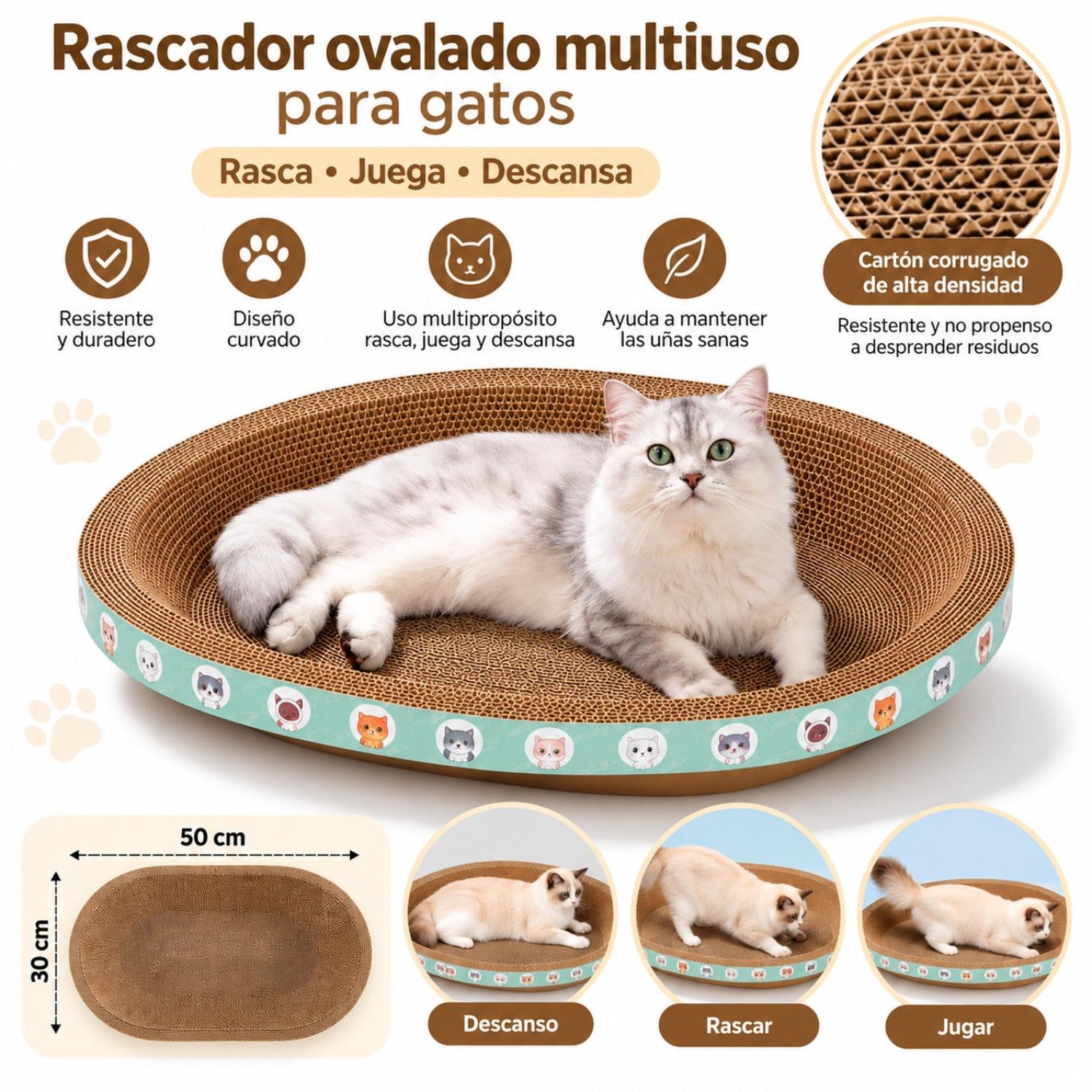 CAMA RASCADOR OVALADO PARA GATO CORRUGADO DE ALTA DENSIDAD 30X50CM - 2