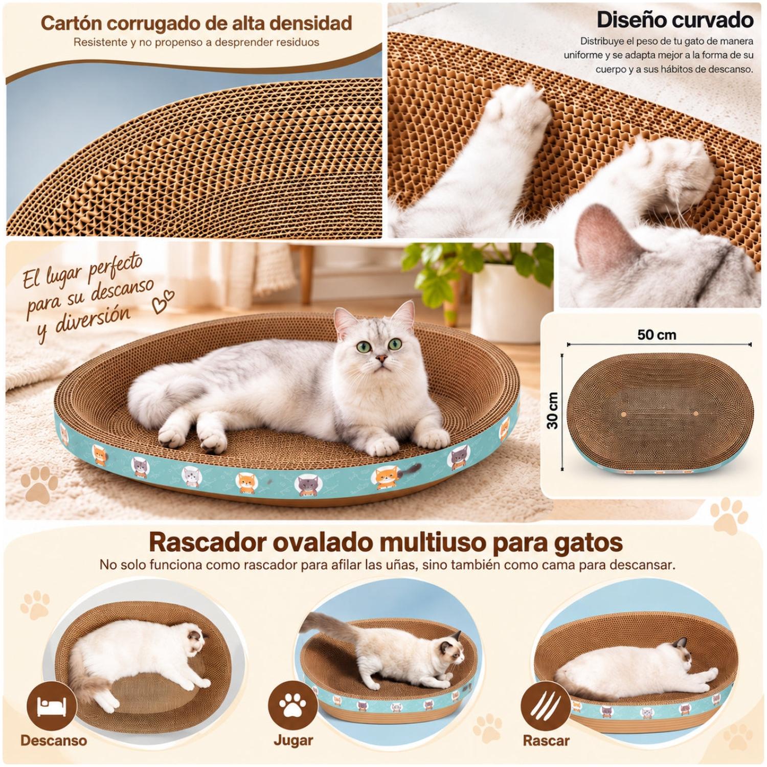 CAMA RASCADOR OVALADO PARA GATO CORRUGADO DE ALTA DENSIDAD 30X50CM - 3