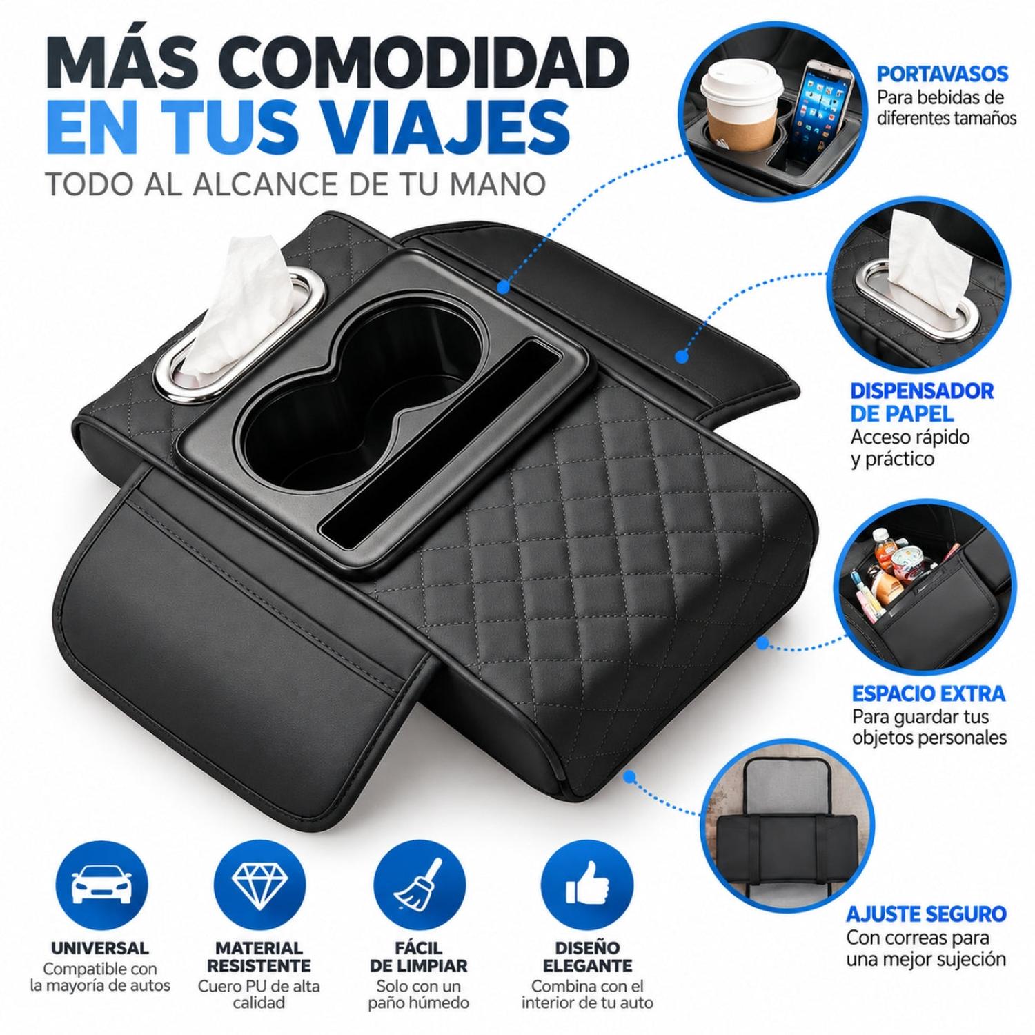 ORGANIZADOR MULTIFUNCIONAL PARA APOYABRAZOS DE AUTO CON PORTAVASOS Y PORTAPAÑUELOS - 3