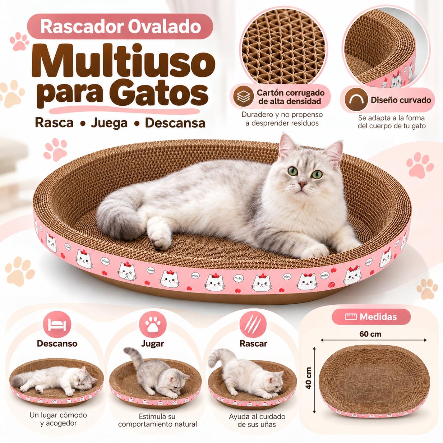 CAMA RASCADOR OVALADO PARA GATO CORRUGADO DE ALTA DENSIDAD 40X60CM - 2
