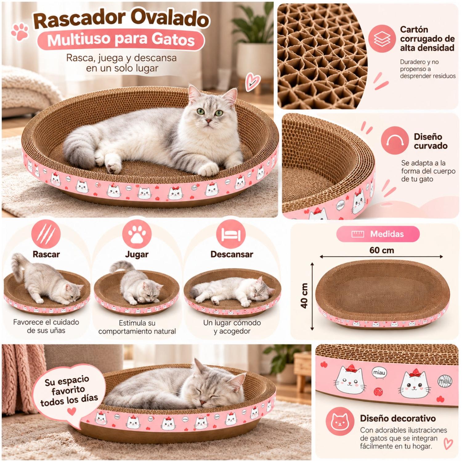 CAMA RASCADOR OVALADO PARA GATO CORRUGADO DE ALTA DENSIDAD 40X60CM - 3