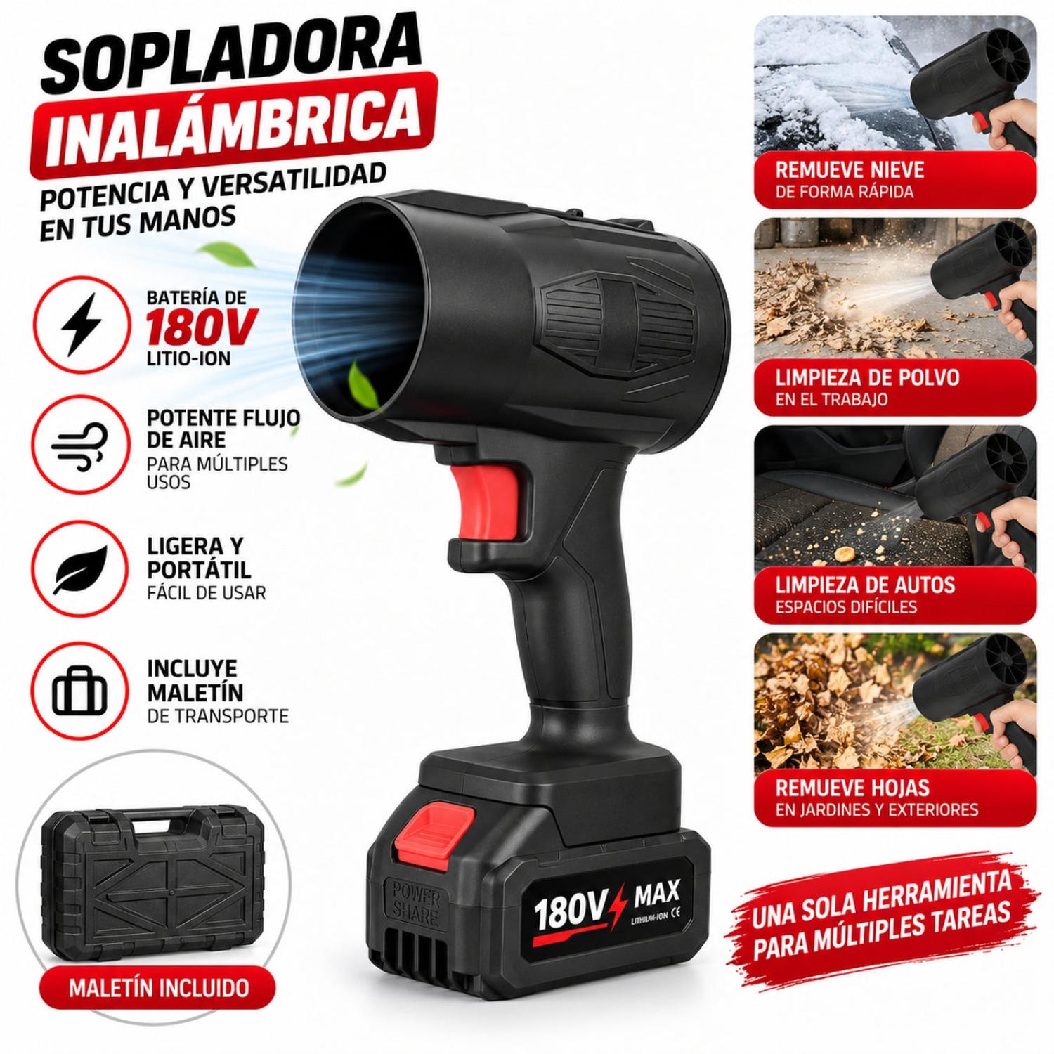 PISTOLA SOPLADOR DE POLVO TURBO INALÁMBRICA PORTÁTIL 180V MULTIFUNCIONAL CON MALETÍN - 2
