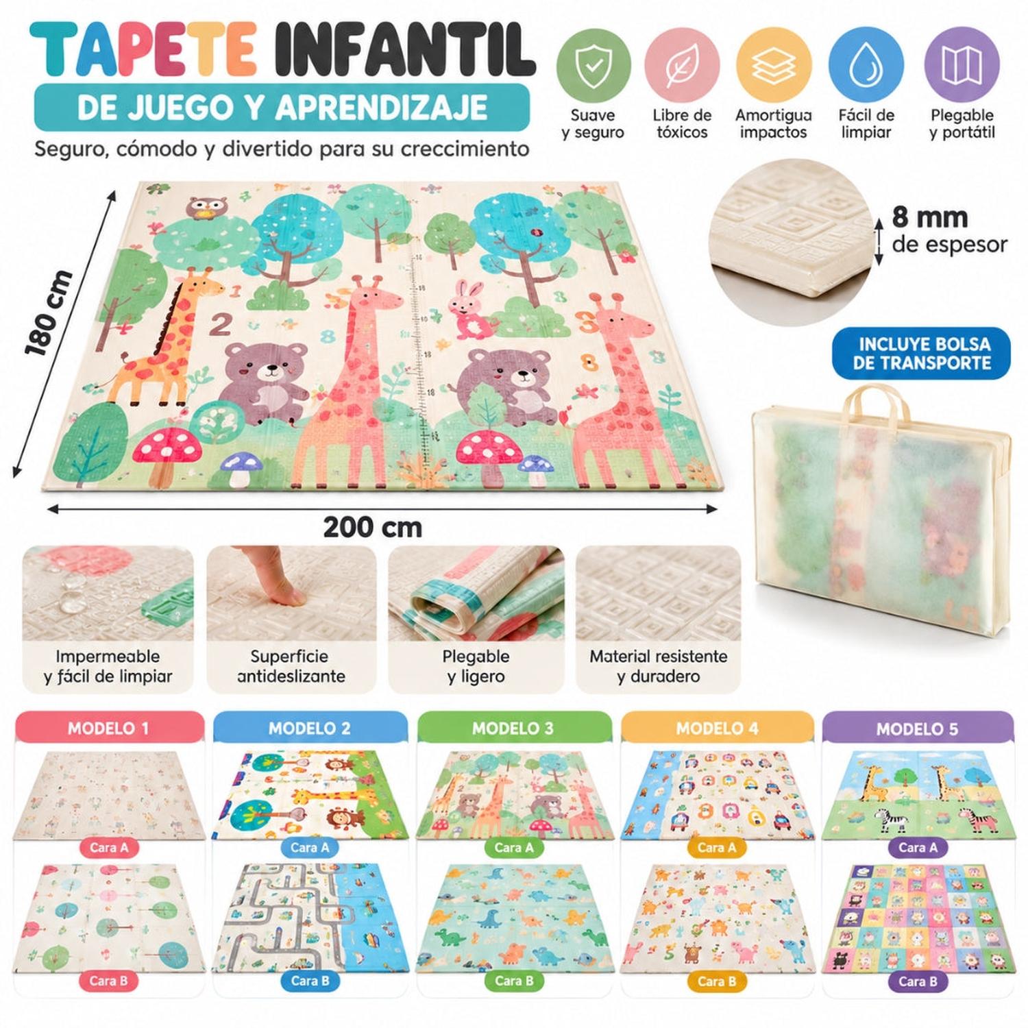 PISO TAPETE INFANTIL ACOLCHADO ANTIDESLIZANTE 200X180CM BEBÉS Y NIÑOS DISEÑO ALEATORIO - 3