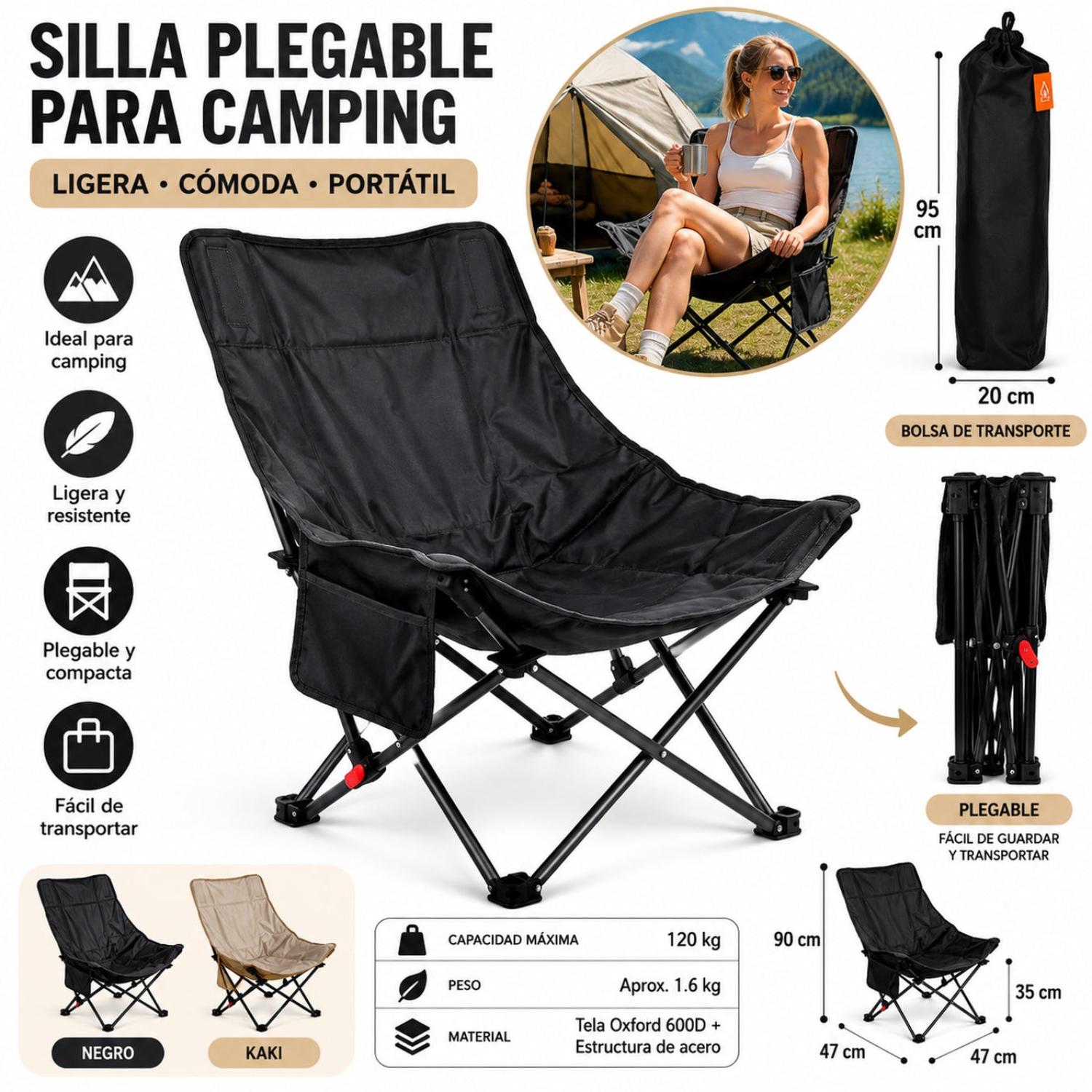 SILLA PLEGABLE PARA CAMPING PORTÁTIL OXFORD 600D CON BOLSA DE TRANSPORTE TAMAÑO M - 4