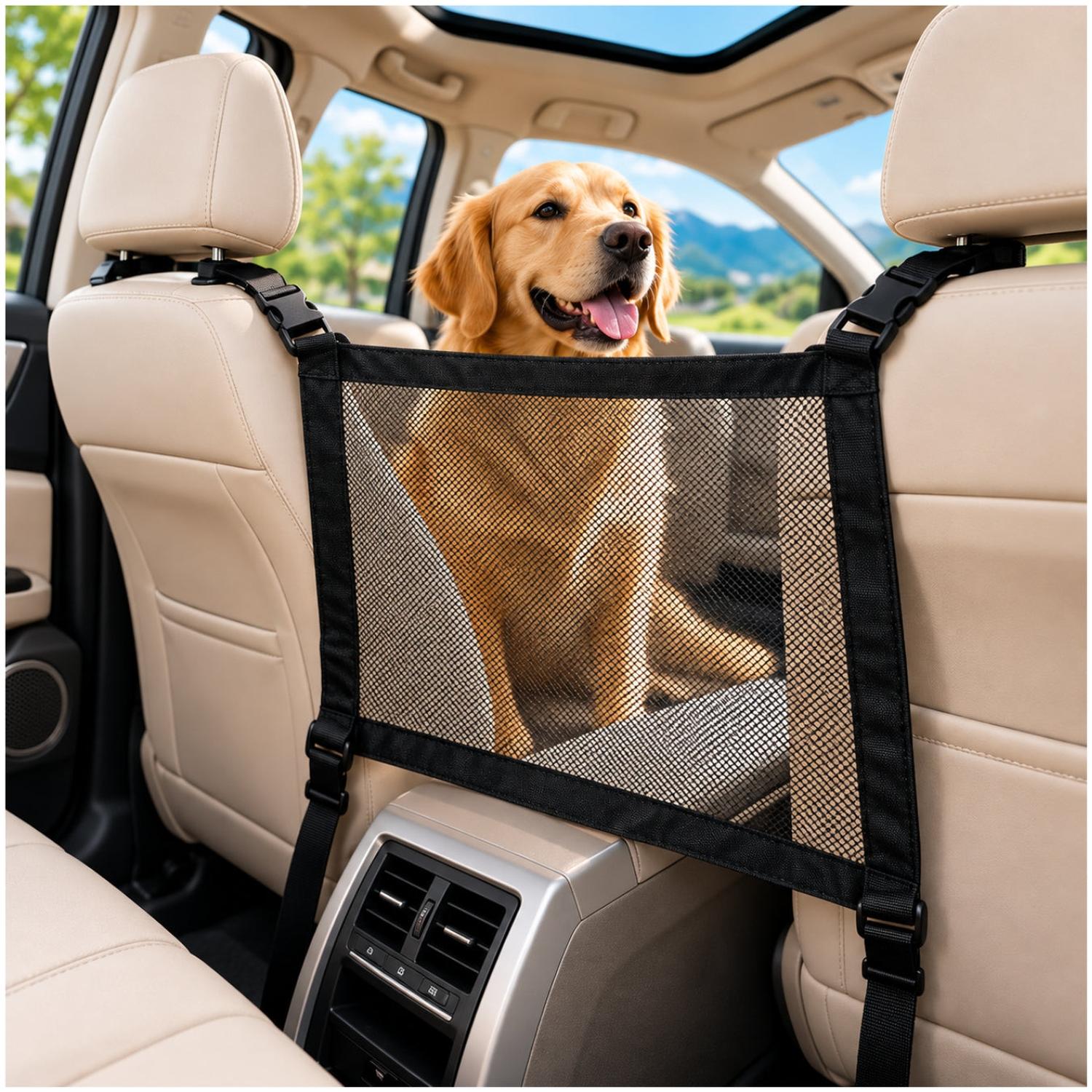 BARRERA DE SEGURIDAD PARA MASCOTAS EN AUTO CON MALLA AJUSTABLE Y CORREAS - 1