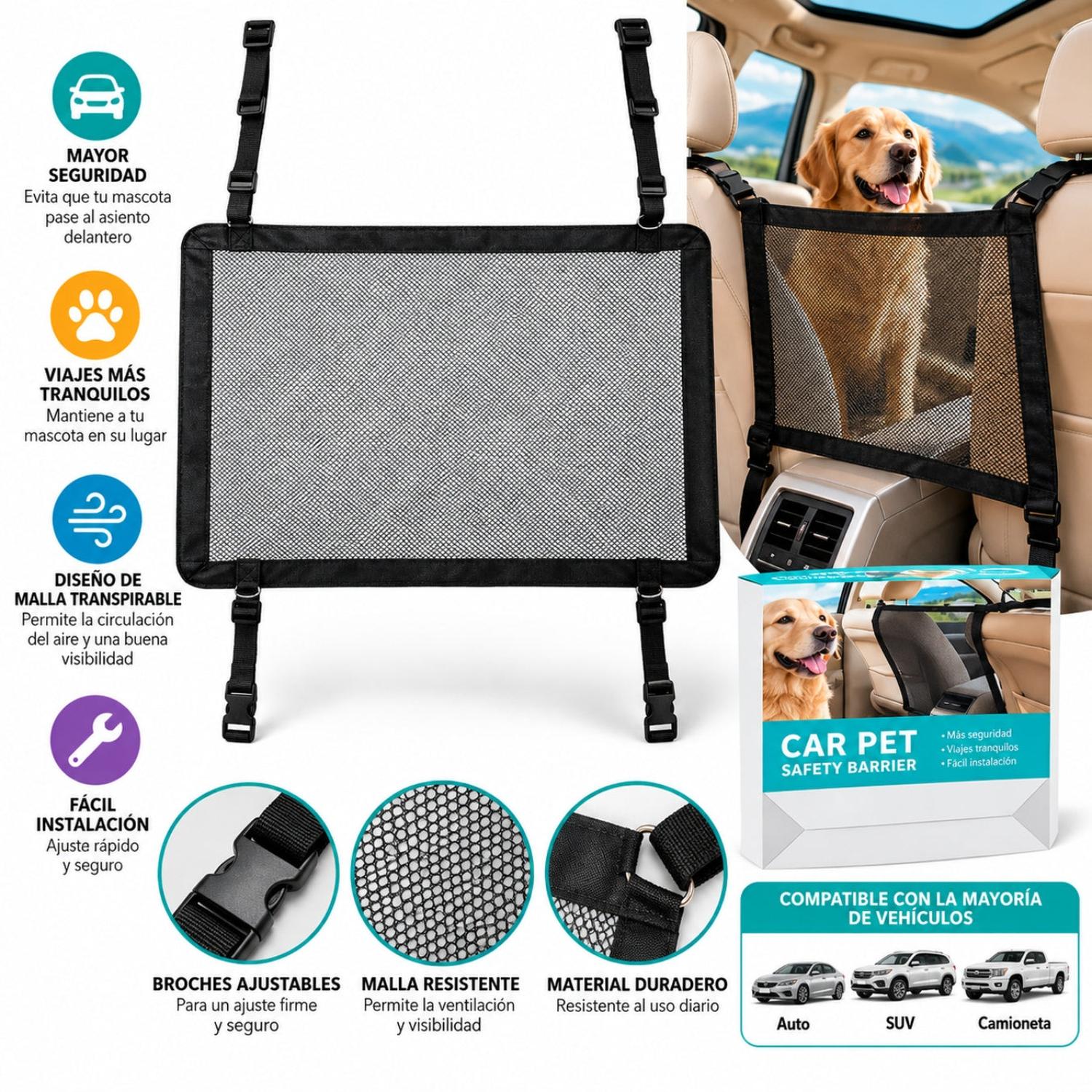 BARRERA DE SEGURIDAD PARA MASCOTAS EN AUTO CON MALLA AJUSTABLE Y CORREAS - 2