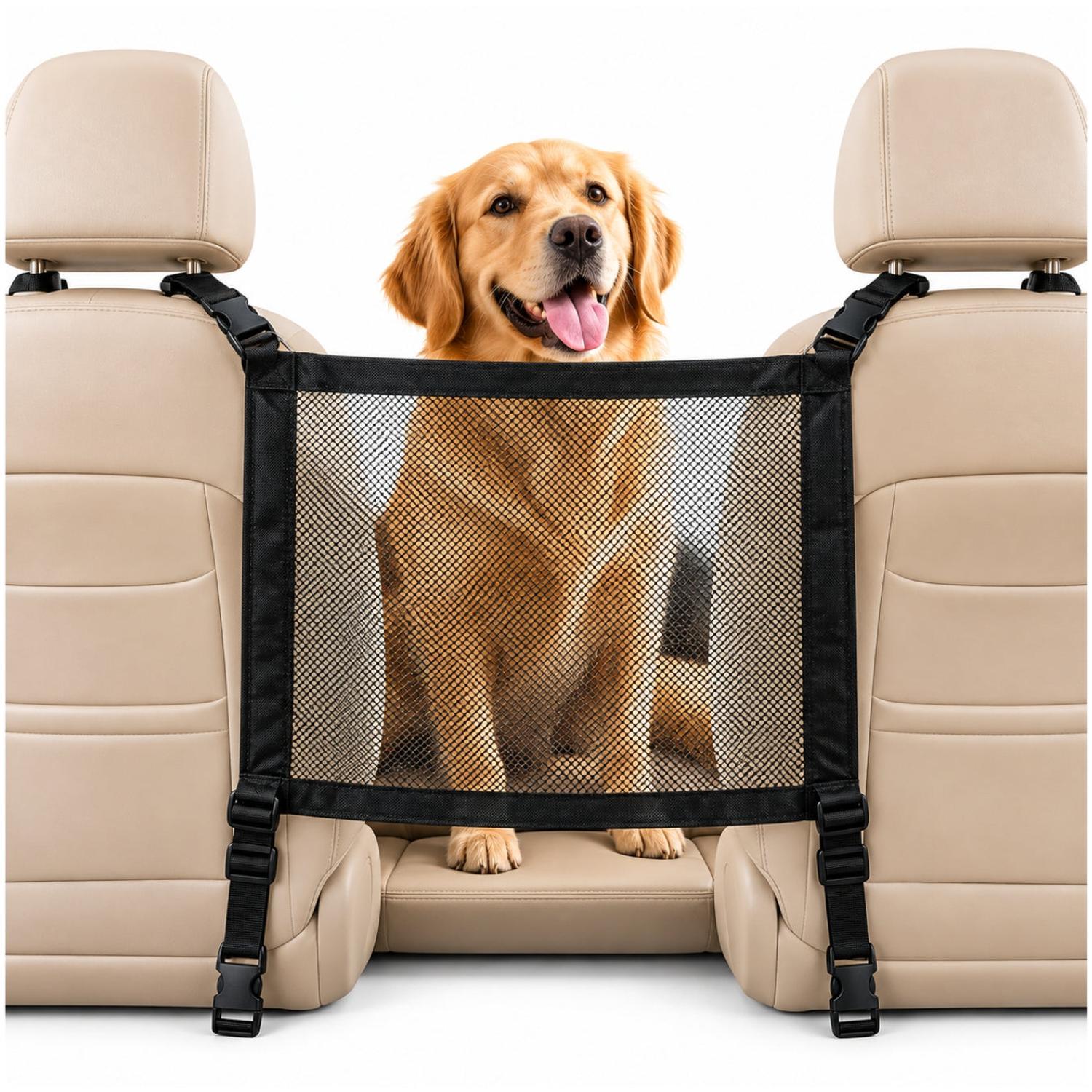 BARRERA DE SEGURIDAD PARA MASCOTAS EN AUTO CON MALLA AJUSTABLE Y CORREAS - 3