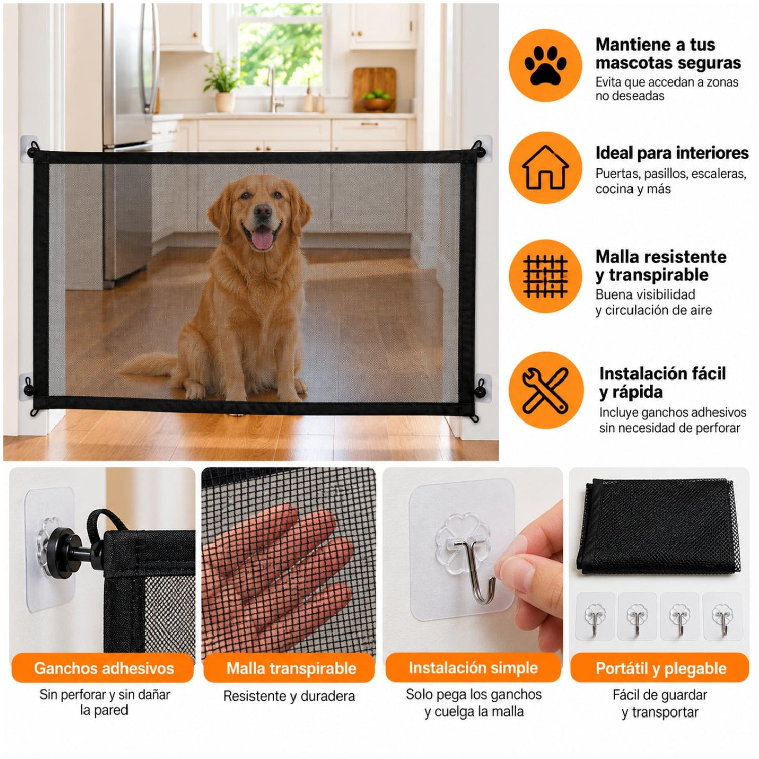 BARRERA DE SEGURIDAD DE MALLA PARA MASCOTAS CON GANCHOS ADHESIVOS - 3
