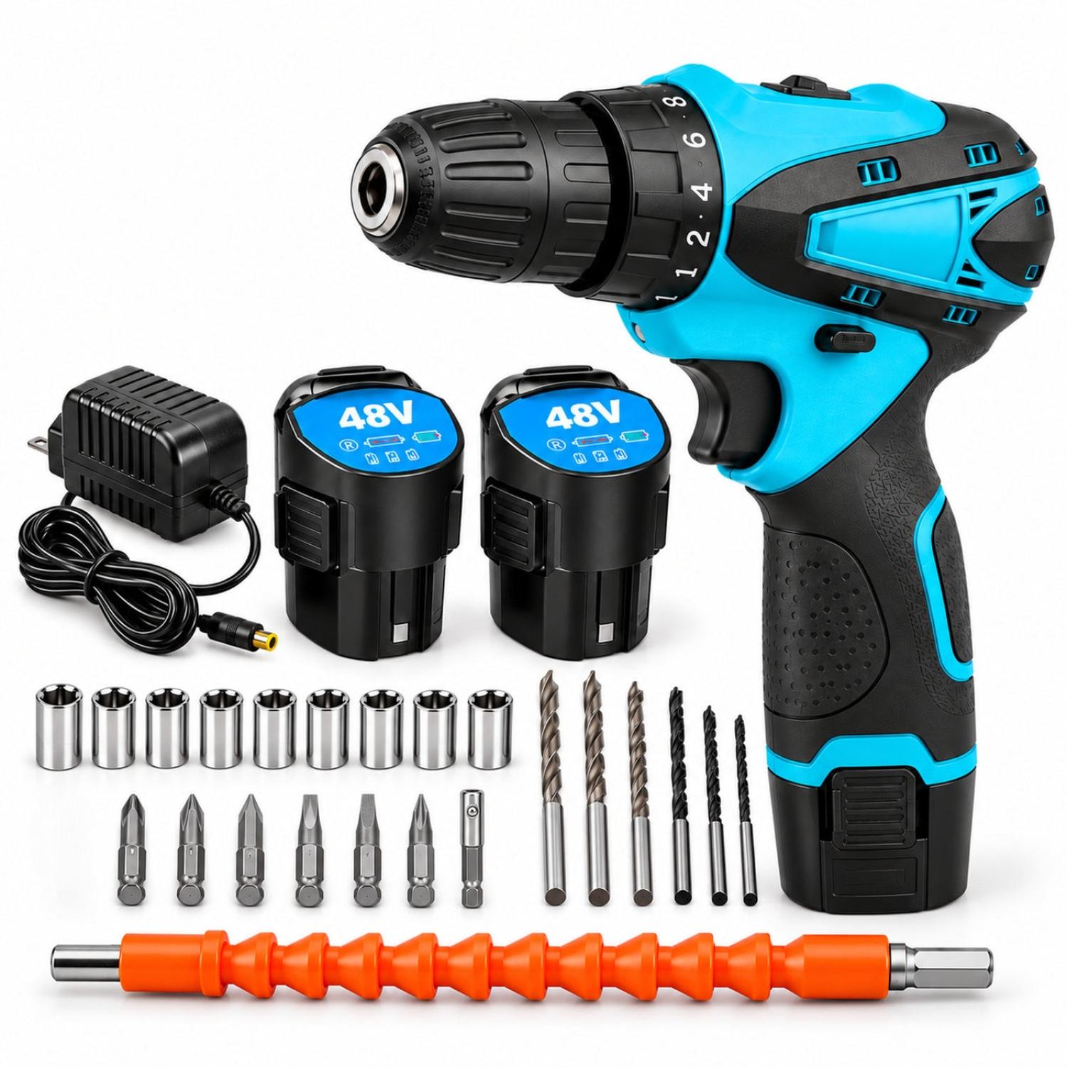 KIT TALADRO ATORNILLADOR ERGONÓMICO AZUL INALÁMBRICO 48V CON 2 BATERÍAS CON MALETÍN Y ACCESORIOS - 1