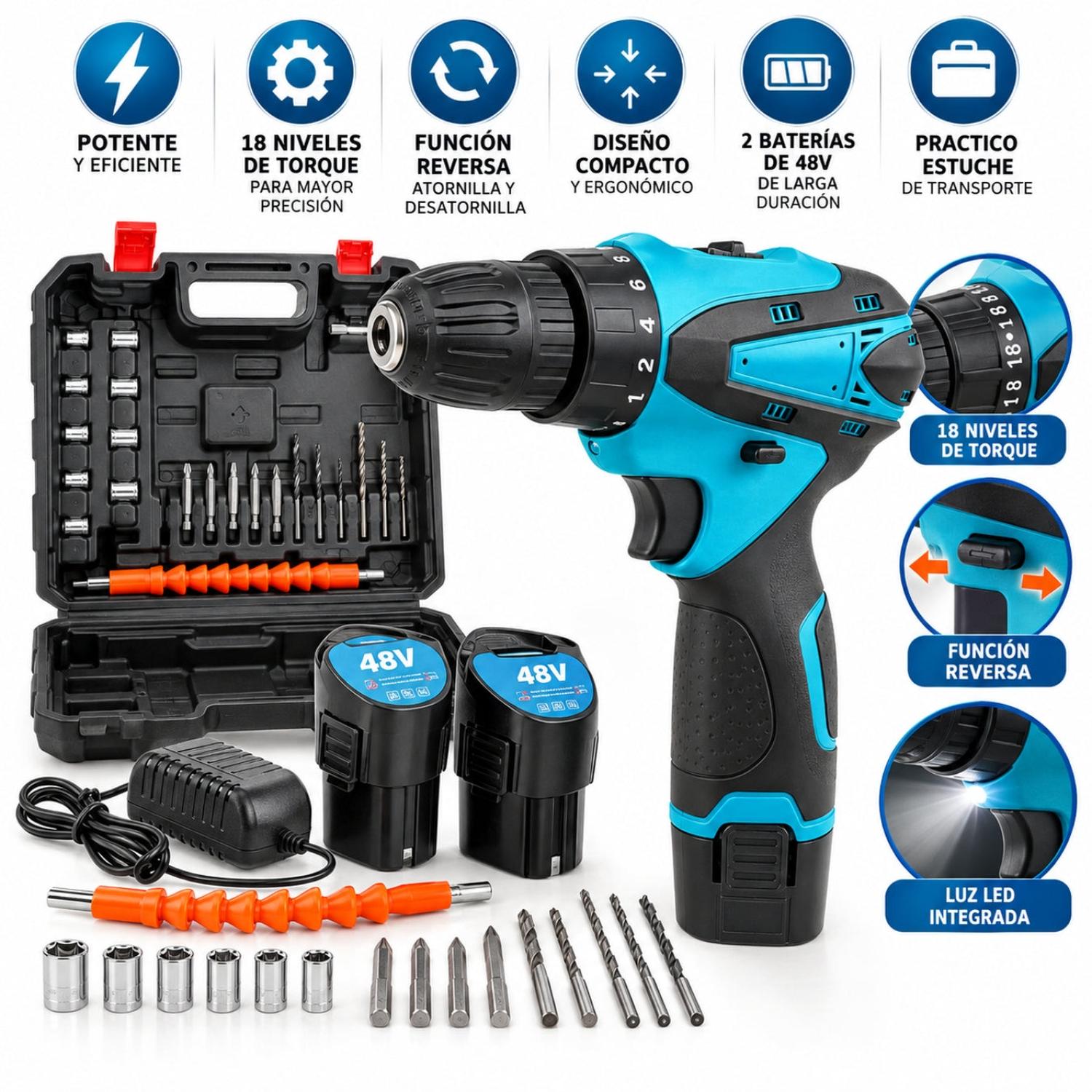 KIT TALADRO ATORNILLADOR ERGONÓMICO AZUL INALÁMBRICO 48V CON 2 BATERÍAS CON MALETÍN Y ACCESORIOS - 2
