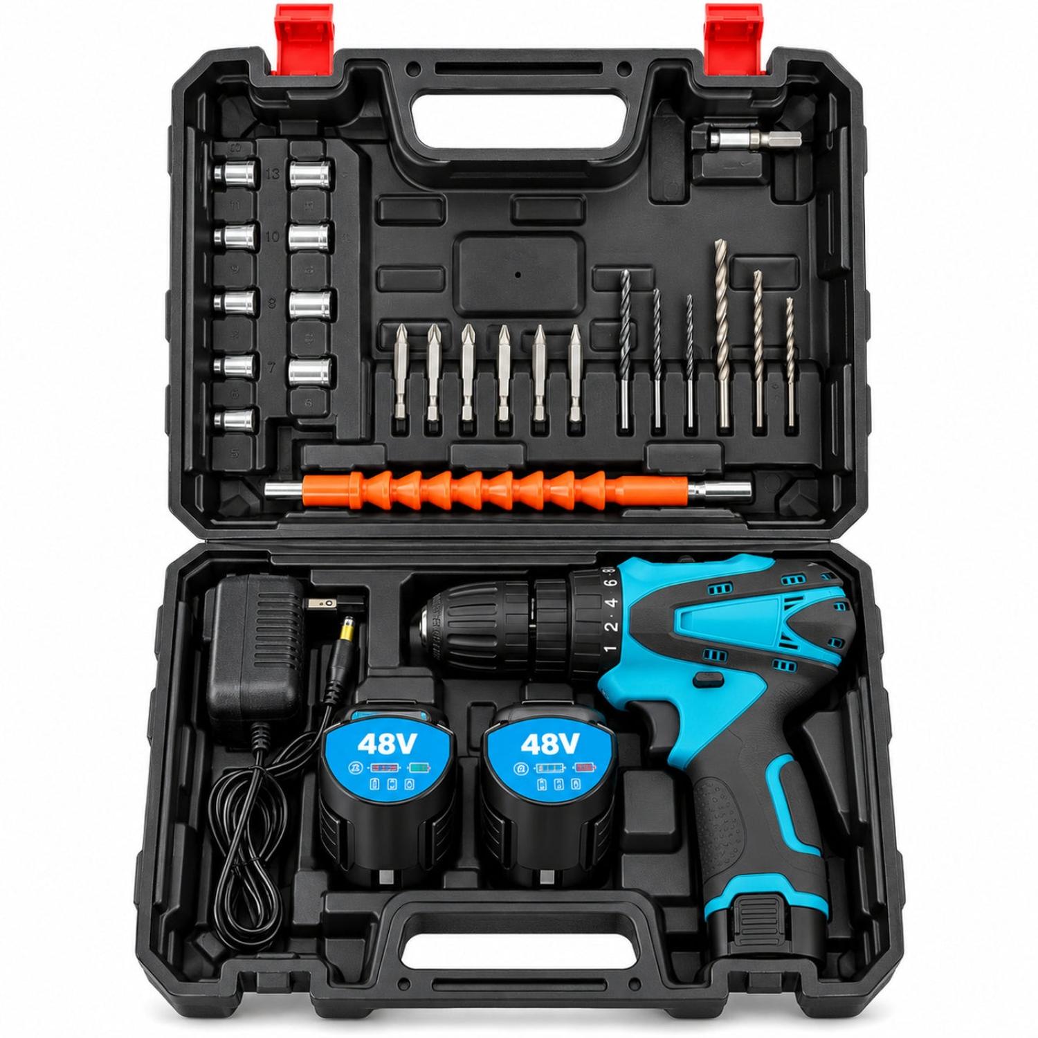 KIT TALADRO ATORNILLADOR ERGONÓMICO AZUL INALÁMBRICO 48V CON 2 BATERÍAS CON MALETÍN Y ACCESORIOS - 4