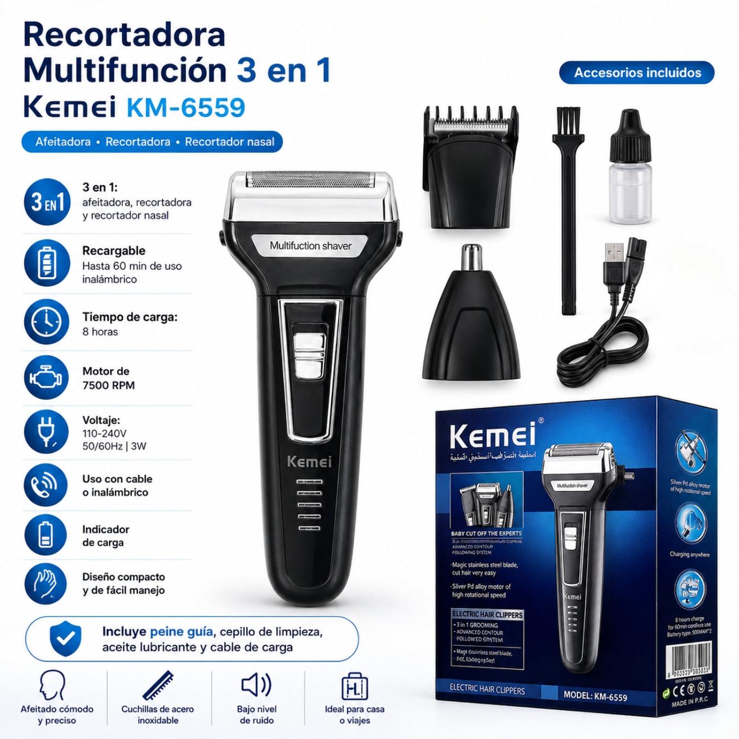 MÁQUINA AFEITADORA RASURADORA ELÉCTRICA 3 EN 1 RECARGABLE KEMEI 6559 - 2