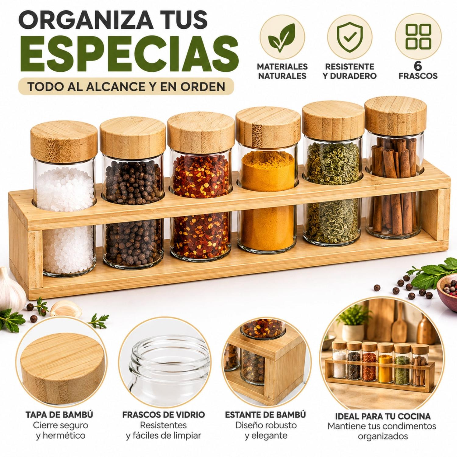 ORGANIZADOR CONDIMENTOS DE BAMBÚ CONDIMENTERO ESPECIEROS 6 FRASCOS DE VIDRIO - 3