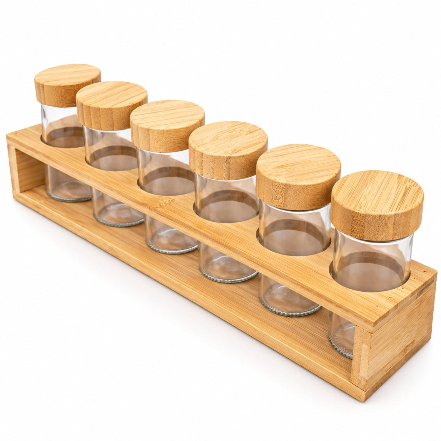 ORGANIZADOR CONDIMENTOS DE BAMBÚ CONDIMENTERO ESPECIEROS 6 FRASCOS DE VIDRIO - 4