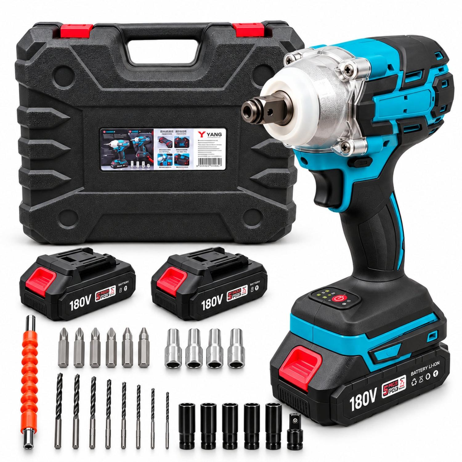 KIT LLAVE DE IMPACTO AZUL INALÁMBRICA 1/2' DOBLE BATERÍA 180V TALADRO ATORNILLADOR - 1