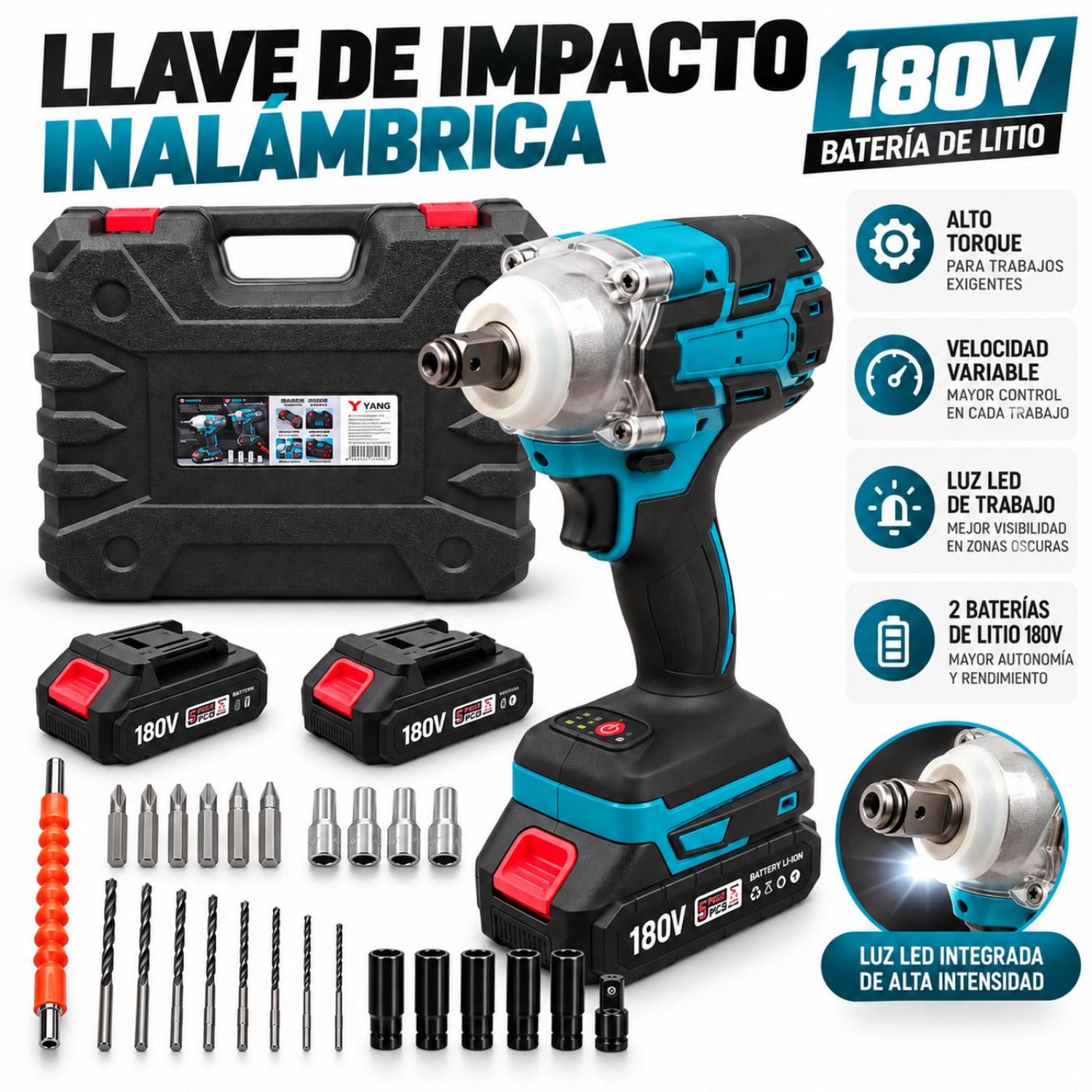 KIT LLAVE DE IMPACTO AZUL INALÁMBRICA 1/2' DOBLE BATERÍA 180V TALADRO ATORNILLADOR - 2