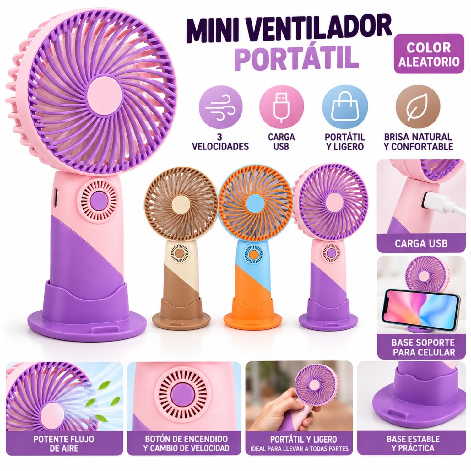 MINI VENTILADOR PORTÁTIL RECARGABLE USB 3 VELOCIDADES CON BASE PARA CELULAR COLOR ALEATORIO - 2