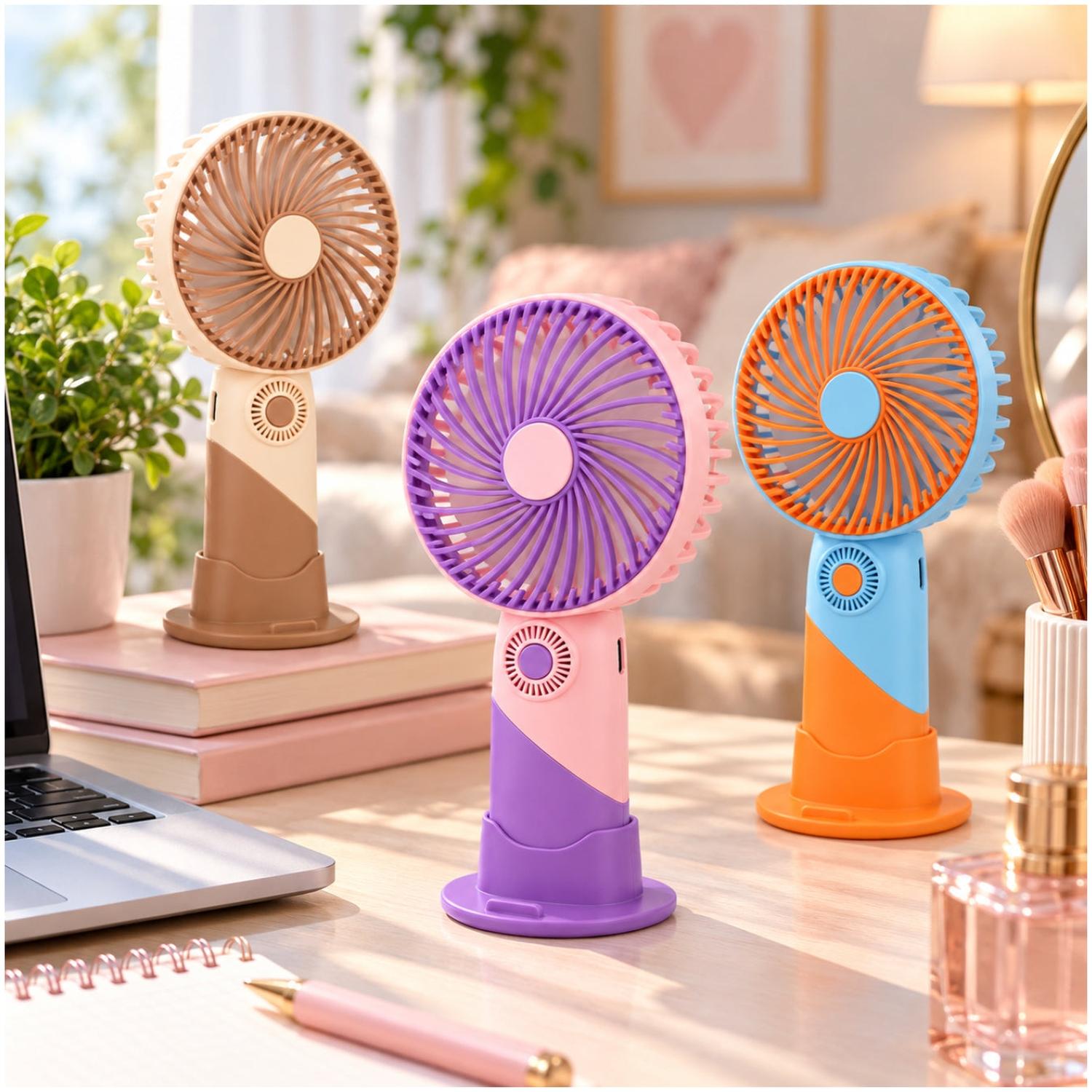 MINI VENTILADOR PORTÁTIL RECARGABLE USB 3 VELOCIDADES CON BASE PARA CELULAR COLOR ALEATORIO - 3