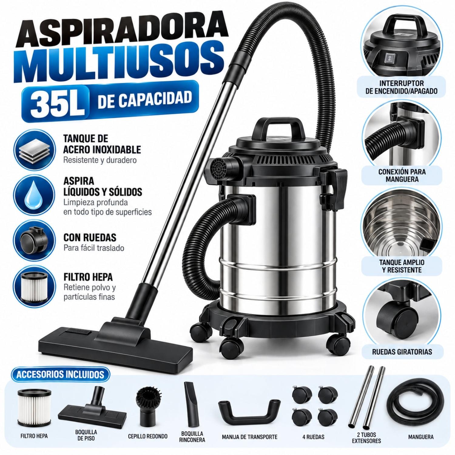 ASPIRADORA MULTIUSO 35L ACERO INOXIDABLE 5800W PARA SÓLIDOS Y LÍQUIDOS CON FILTRO HEPA - 2