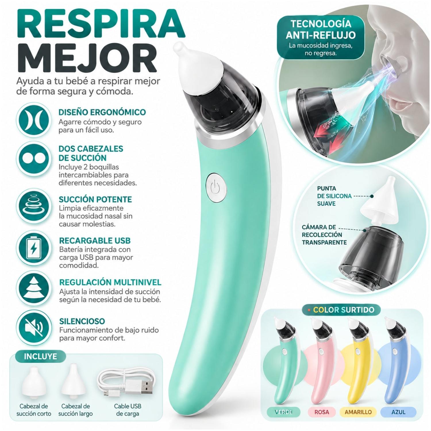 ASPIRADOR SUCCIONADOR NASAL ELÉCTRICO RECARGABLE PARA BEBE COLOR ALEATORIO - 2