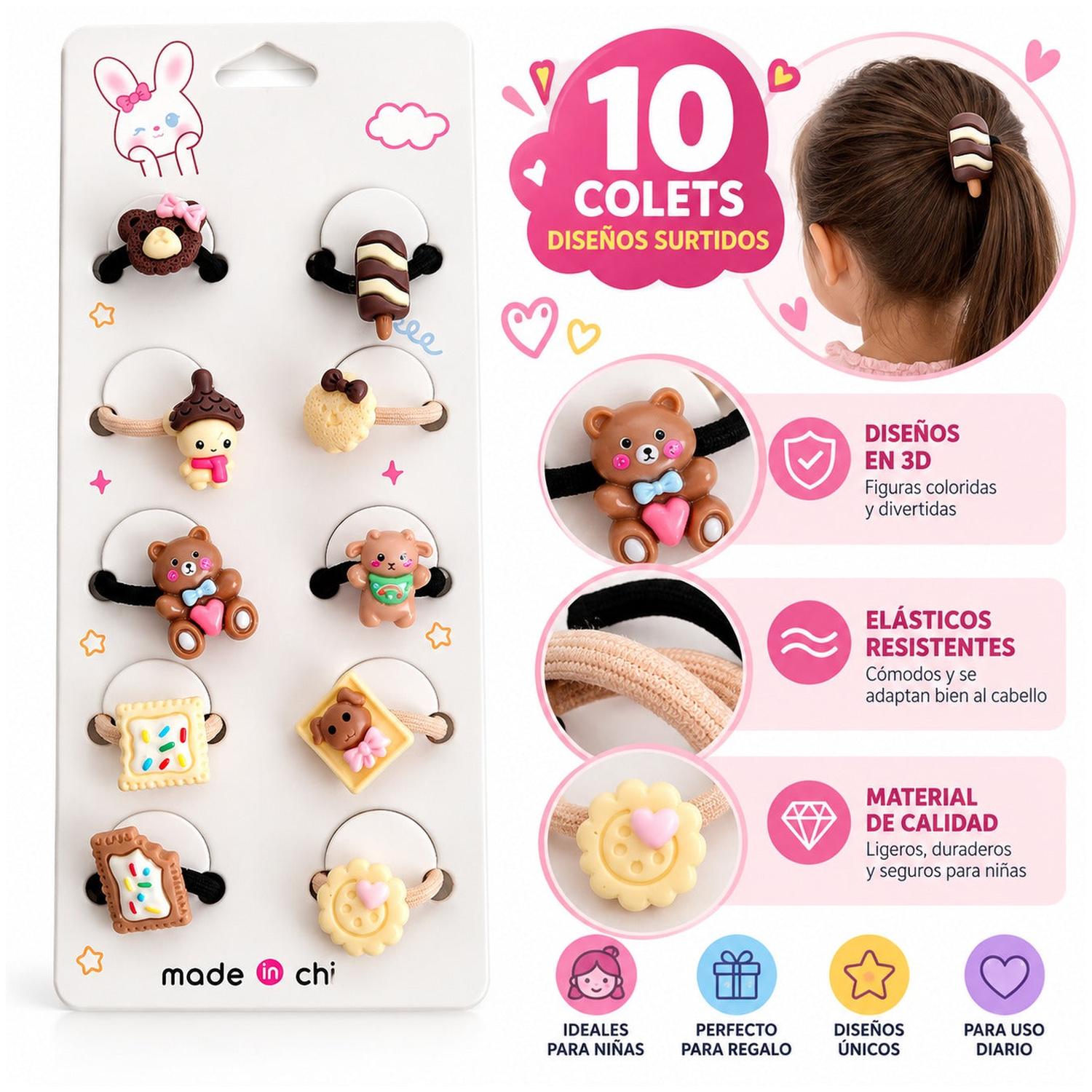 SET DE 10 COLETS PARA NIÑAS CON FIGURAS 3D DE OSITOS, DULCES Y DISEÑOS KAWAII - 2