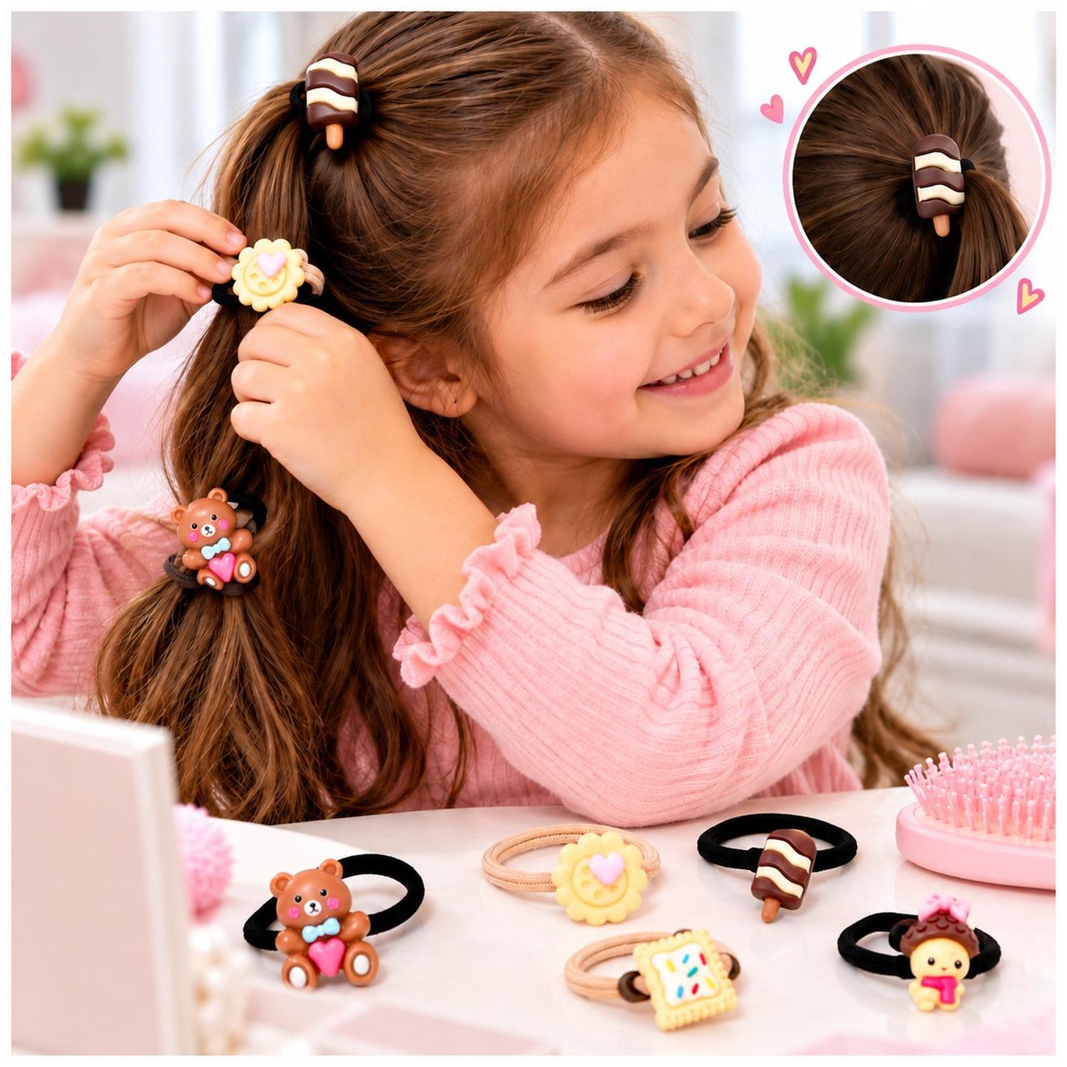 SET DE 10 COLETS PARA NIÑAS CON FIGURAS 3D DE OSITOS, DULCES Y DISEÑOS KAWAII - 3
