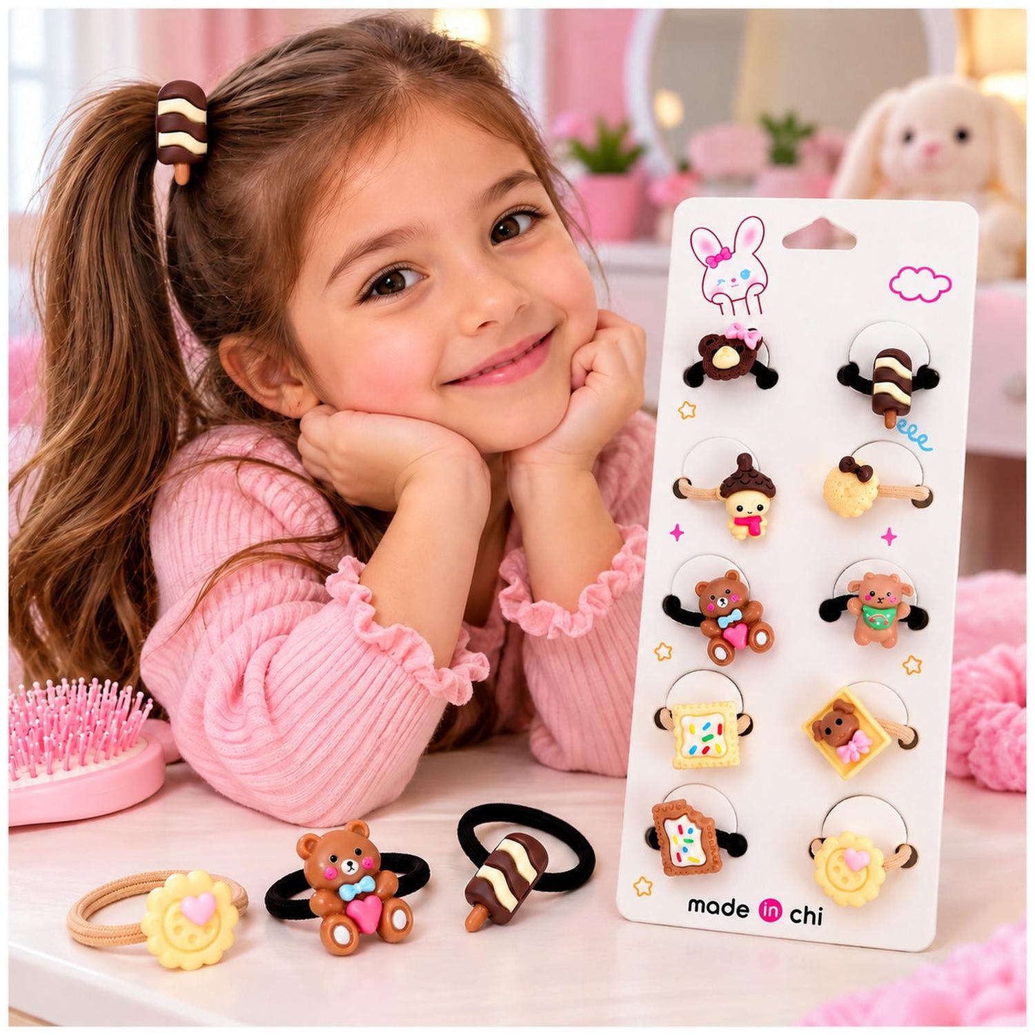 SET DE 10 COLETS PARA NIÑAS CON FIGURAS 3D DE OSITOS, DULCES Y DISEÑOS KAWAII - 4